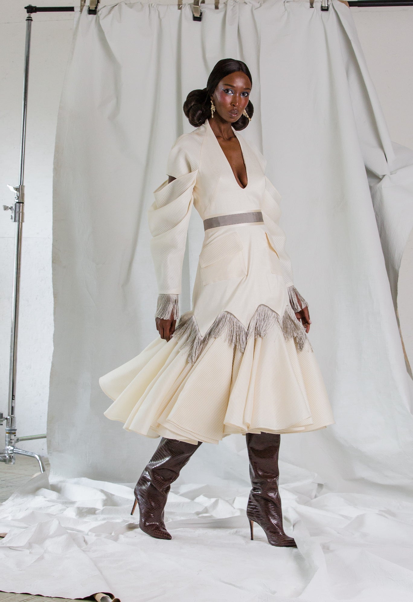 Draped Sleeve Organza Cocktail Draped Sleeve & Fringe Accents & Belt | Fall/Winter 2021 | CELESTINO