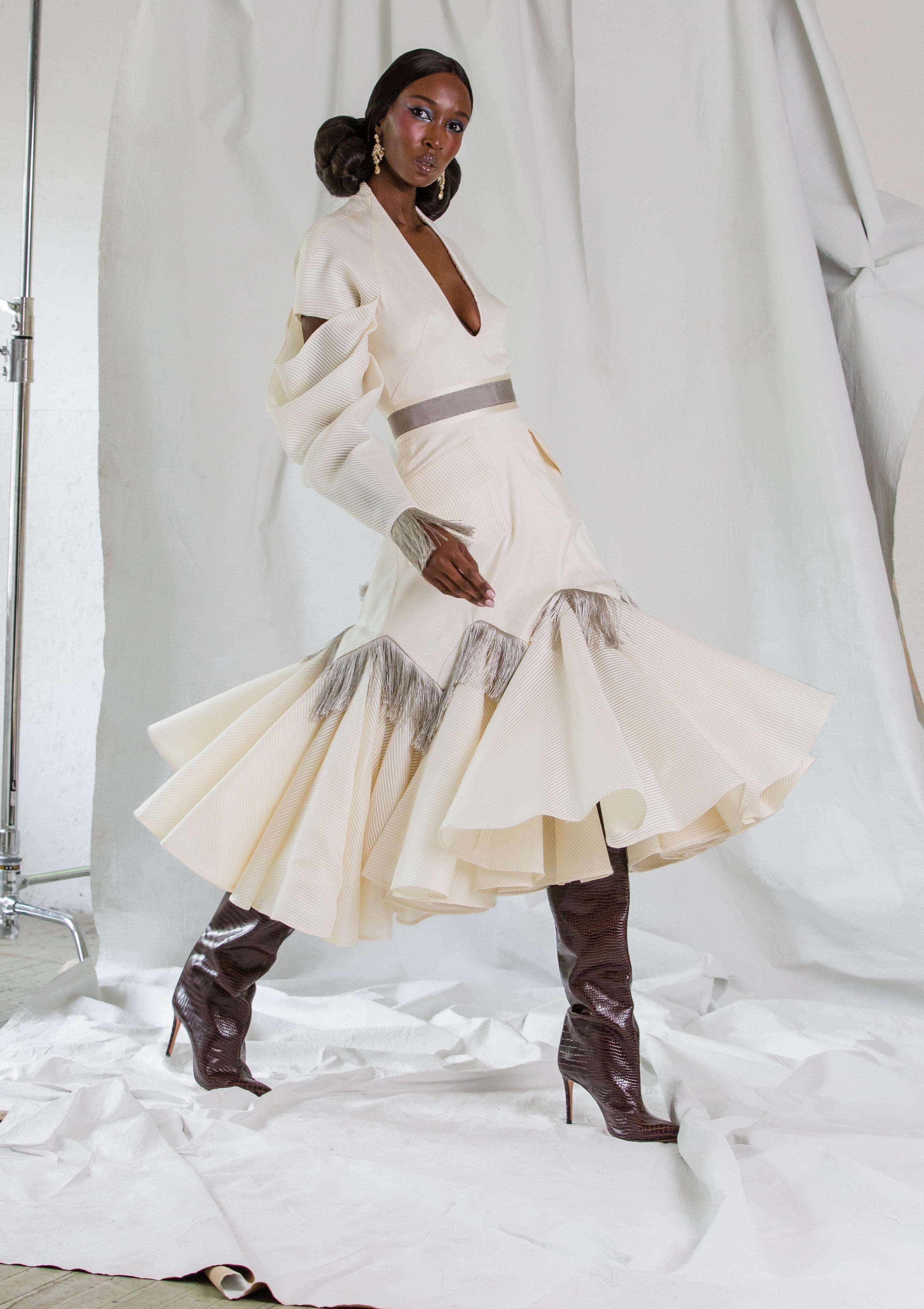 Draped Sleeve Organza Cocktail Draped Sleeve & Fringe Accents & Belt | Fall/Winter 2021 | CELESTINO