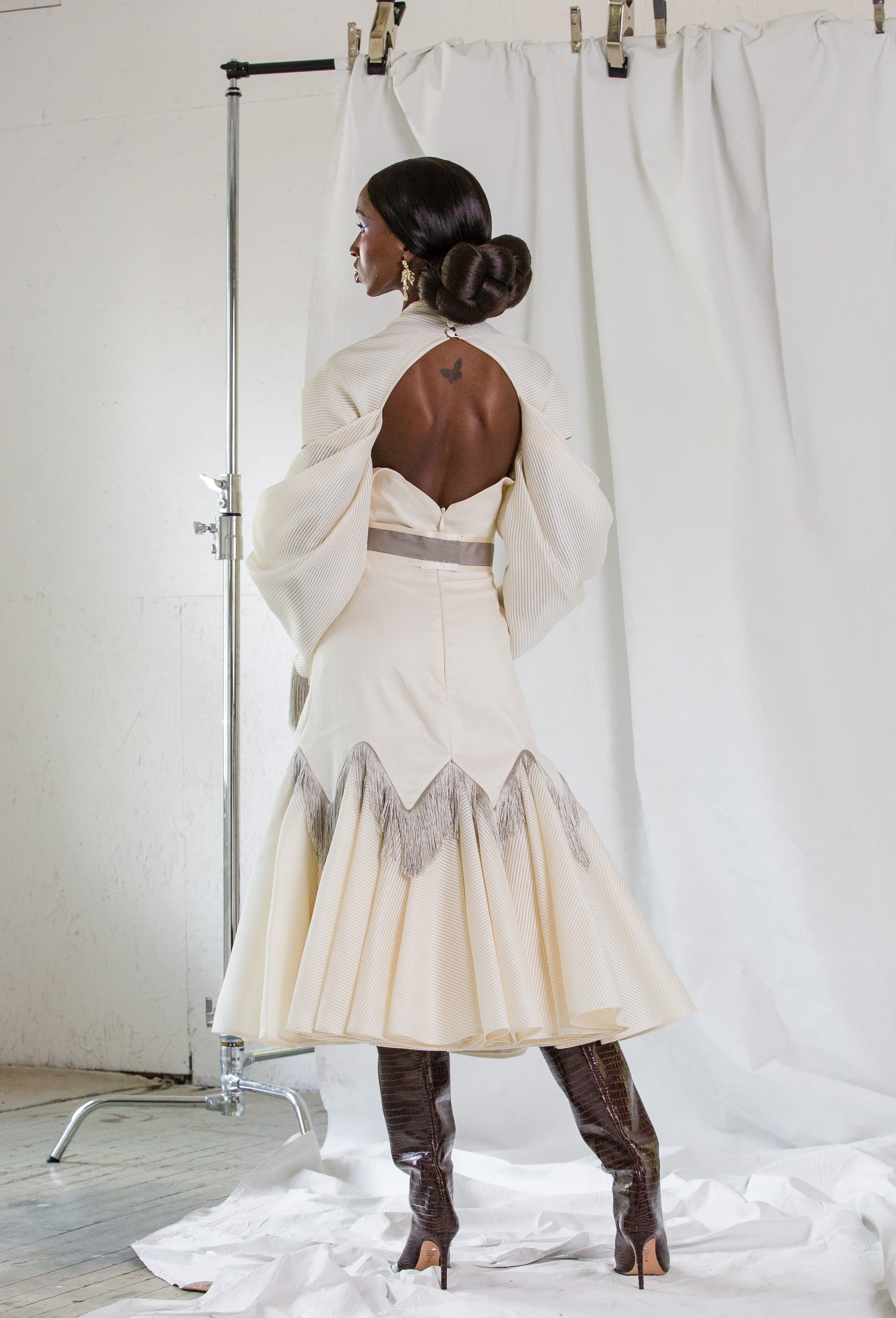 Draped Sleeve Organza Cocktail Draped Sleeve & Fringe Accents & Belt | Fall/Winter 2021 | CELESTINO