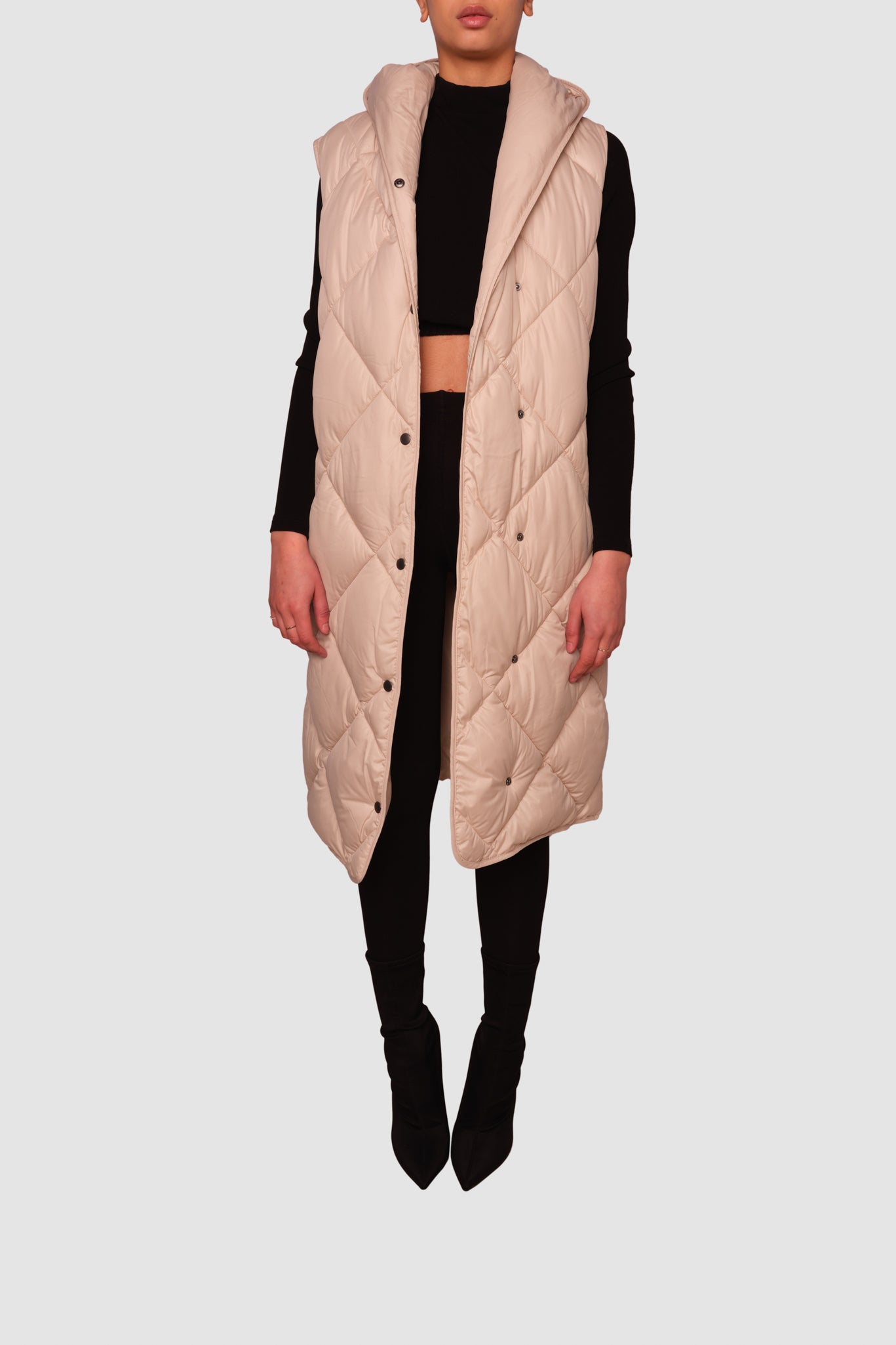 Penzance Beige Long Sleeveless Puffer Jacket