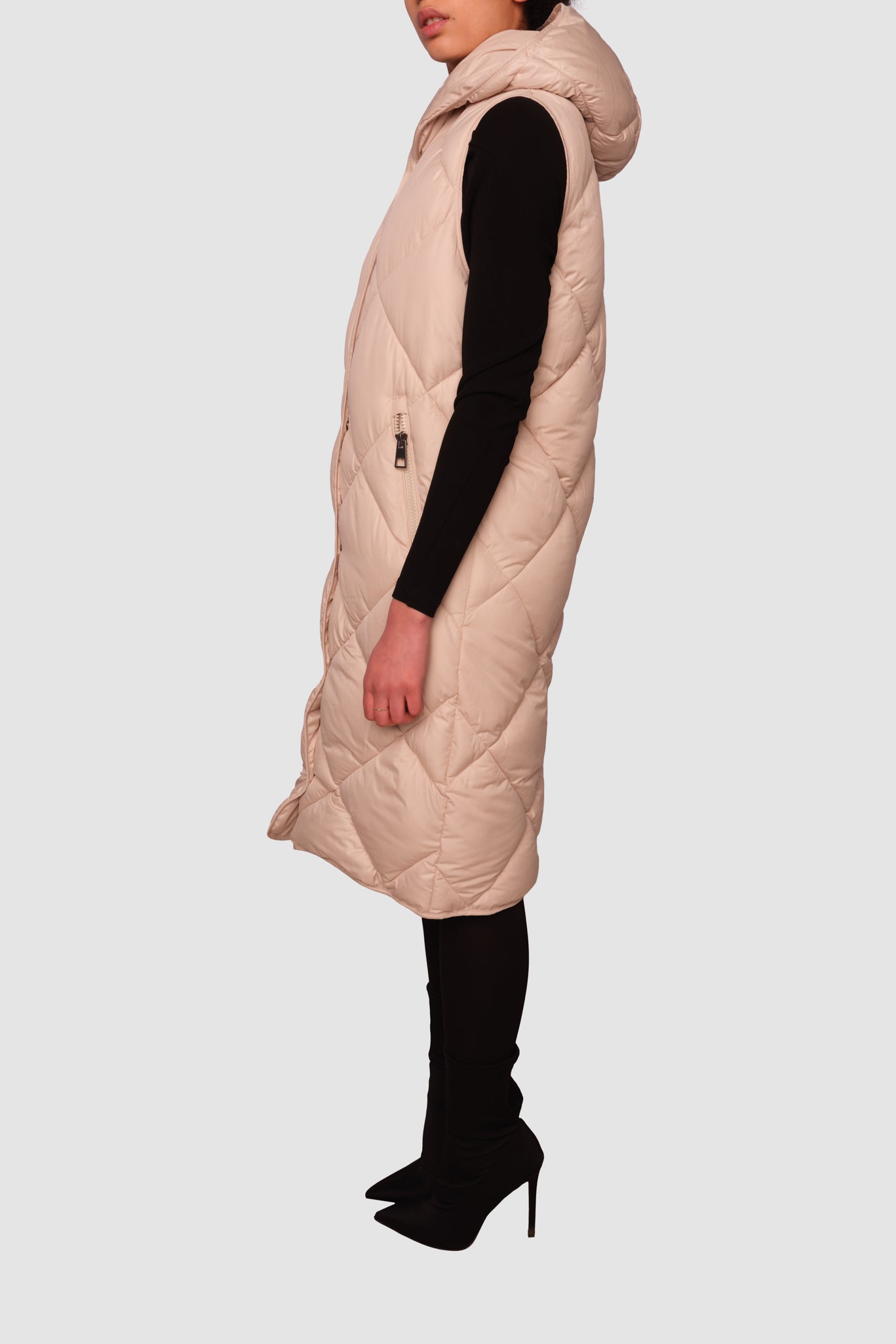 Penzance Beige Long Sleeveless Puffer Jacket
