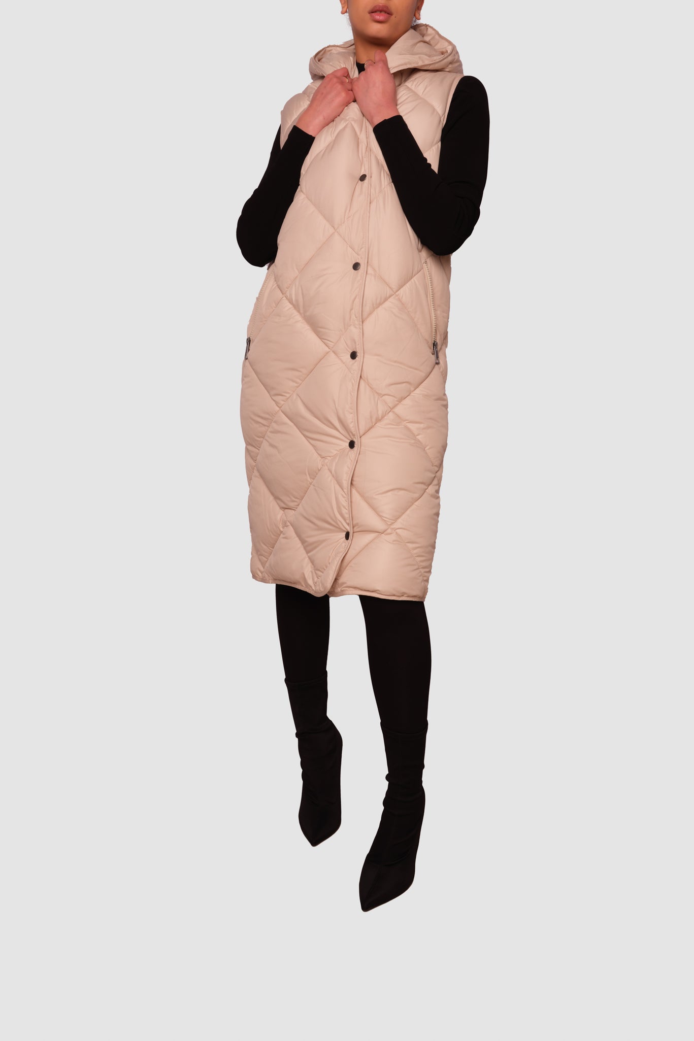 Penzance Beige Long Sleeveless Puffer Jacket