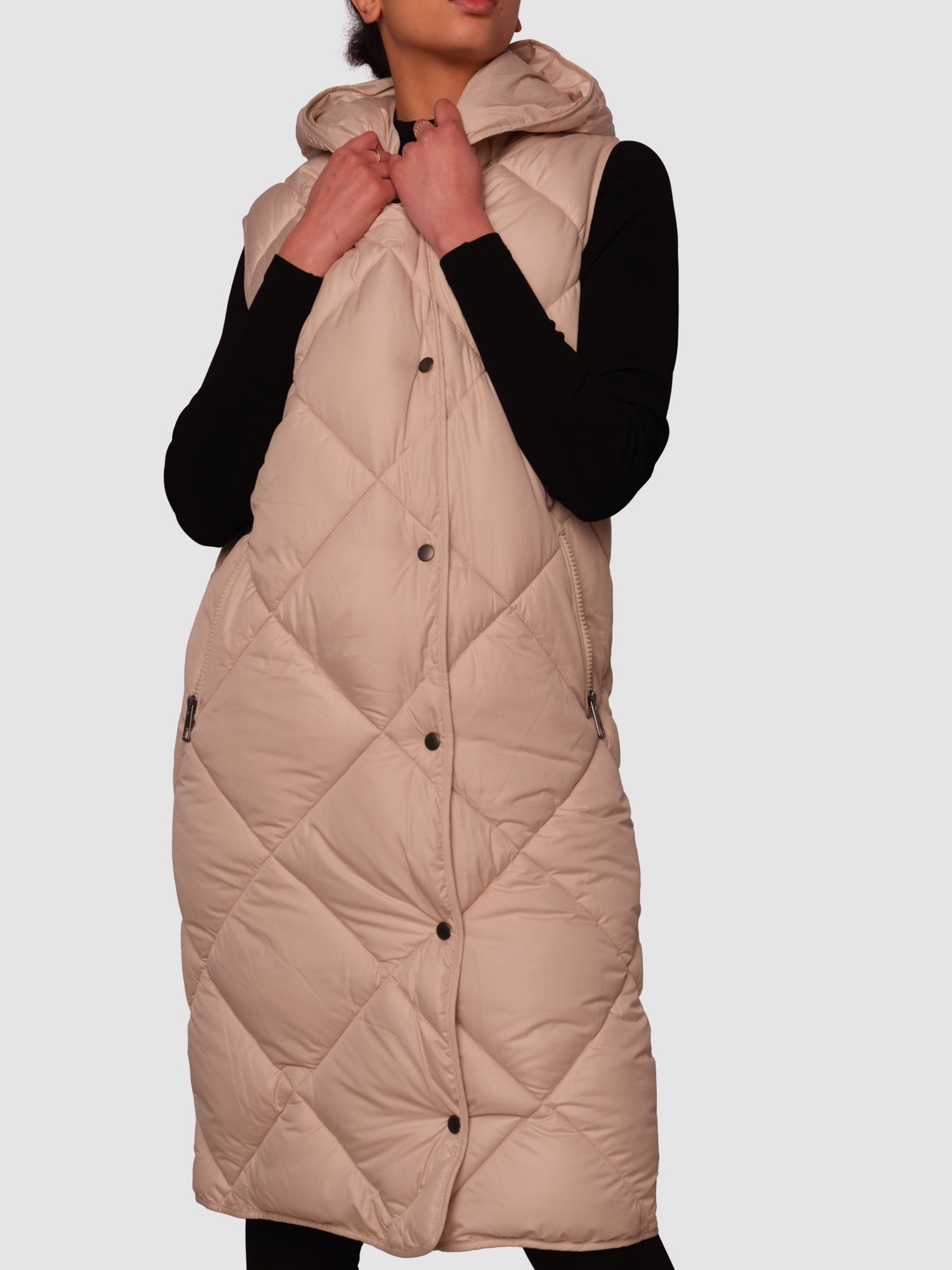 Penzance Beige Long Sleeveless Puffer Jacket