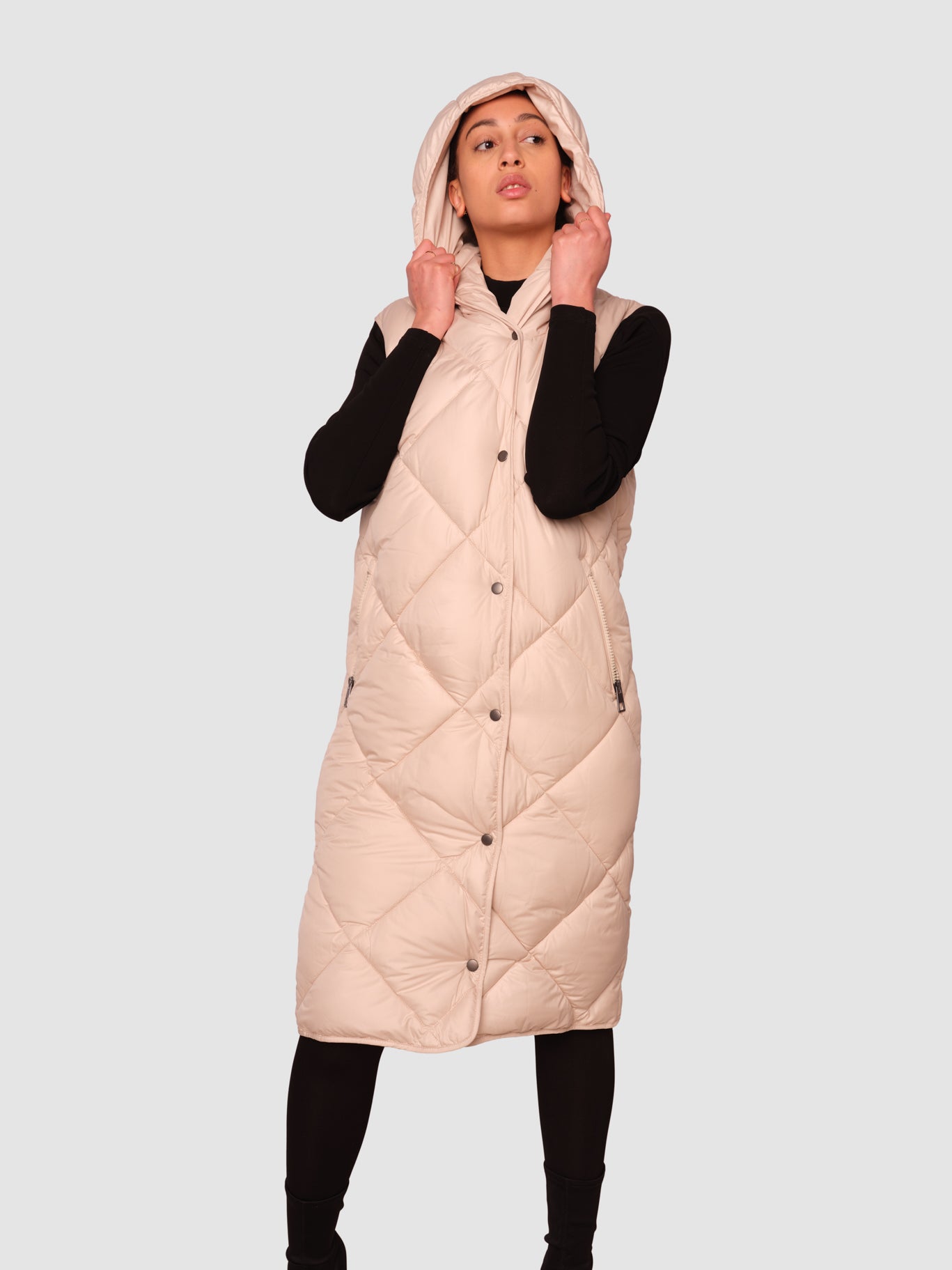 Penzance Beige Long Sleeveless Puffer Jacket
