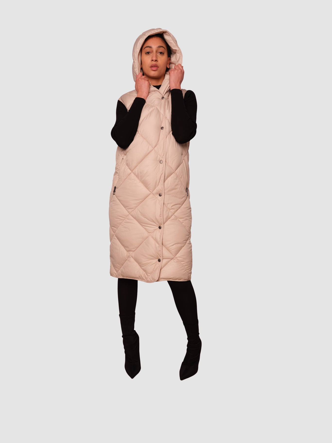 Penzance Beige Long Sleeveless Puffer Jacket