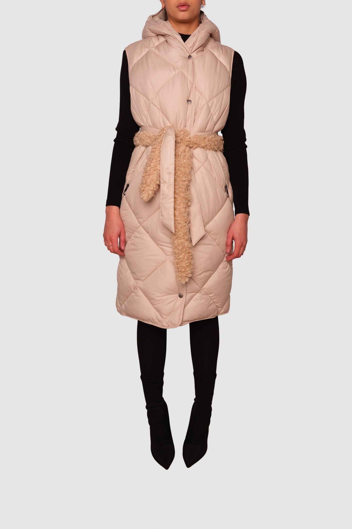 Penzance Beige Long Sleeveless Puffer Jacket