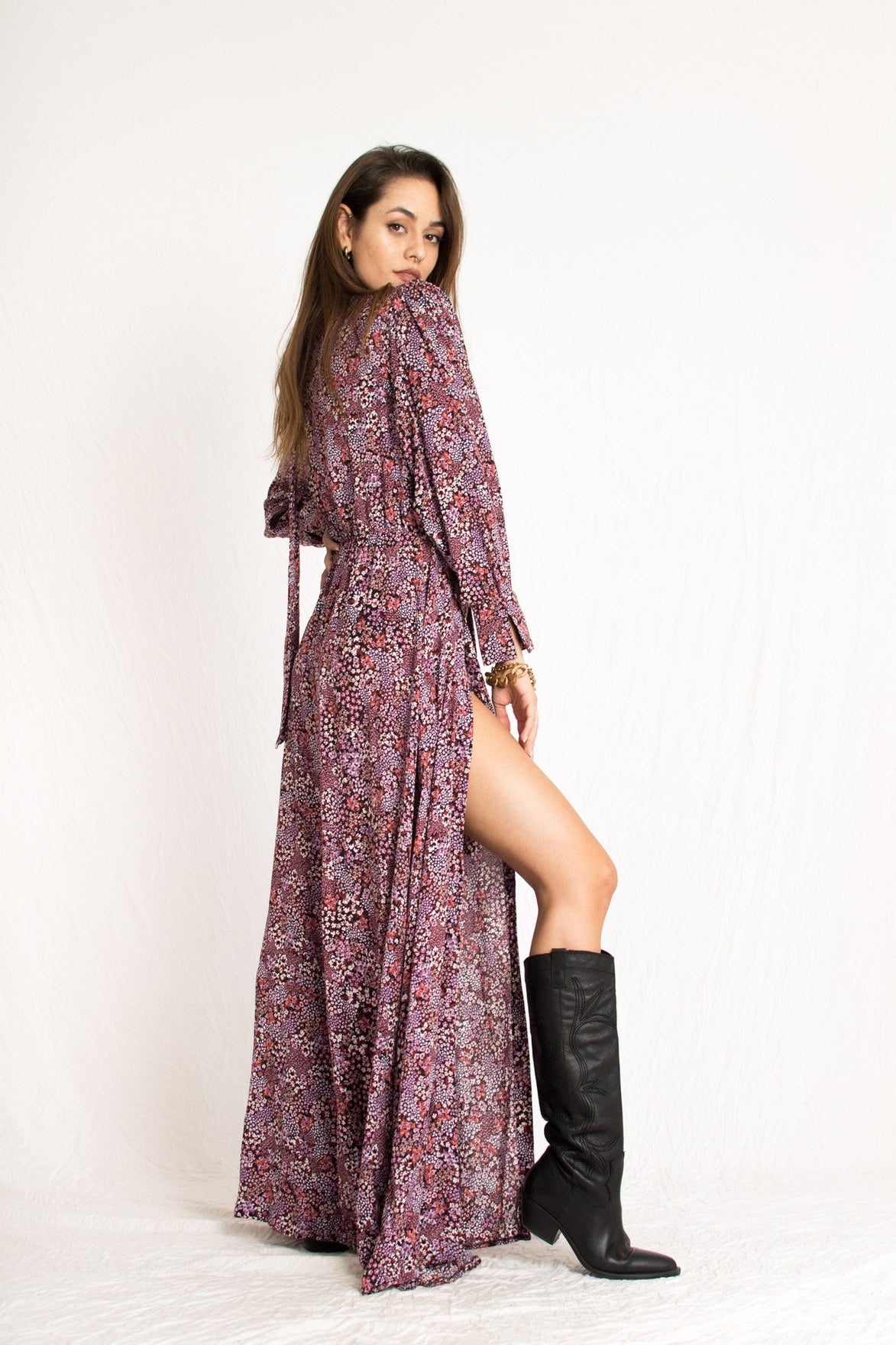 pink floral pattern plunging neckline dress with front slits