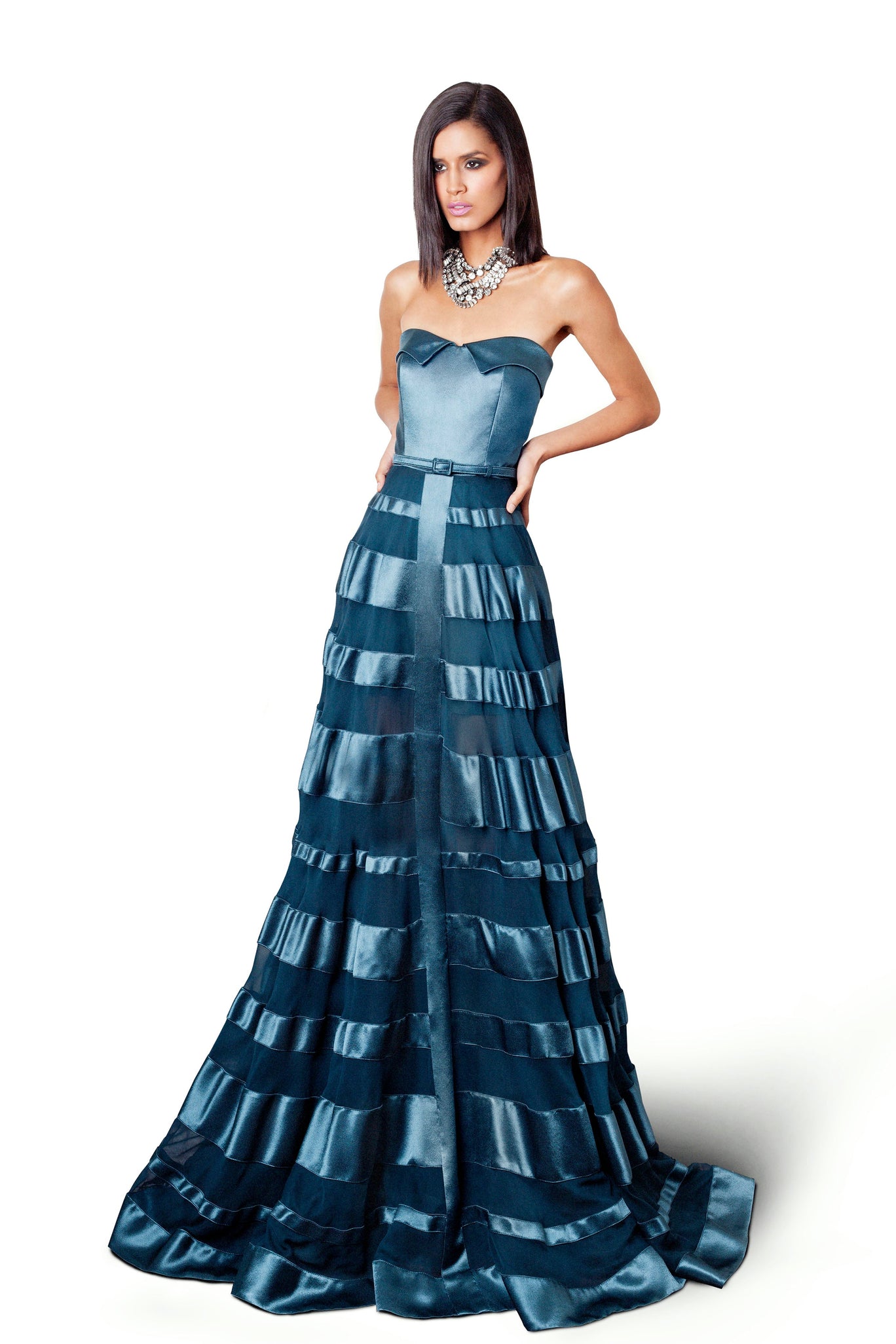 Sustainable Fashion | CELESTINO | Couture | Hudson Valley | Hudson New York | Peacock Blue | Chiffon | Novelty | Silk | Tiered | Corseted | Ballgown