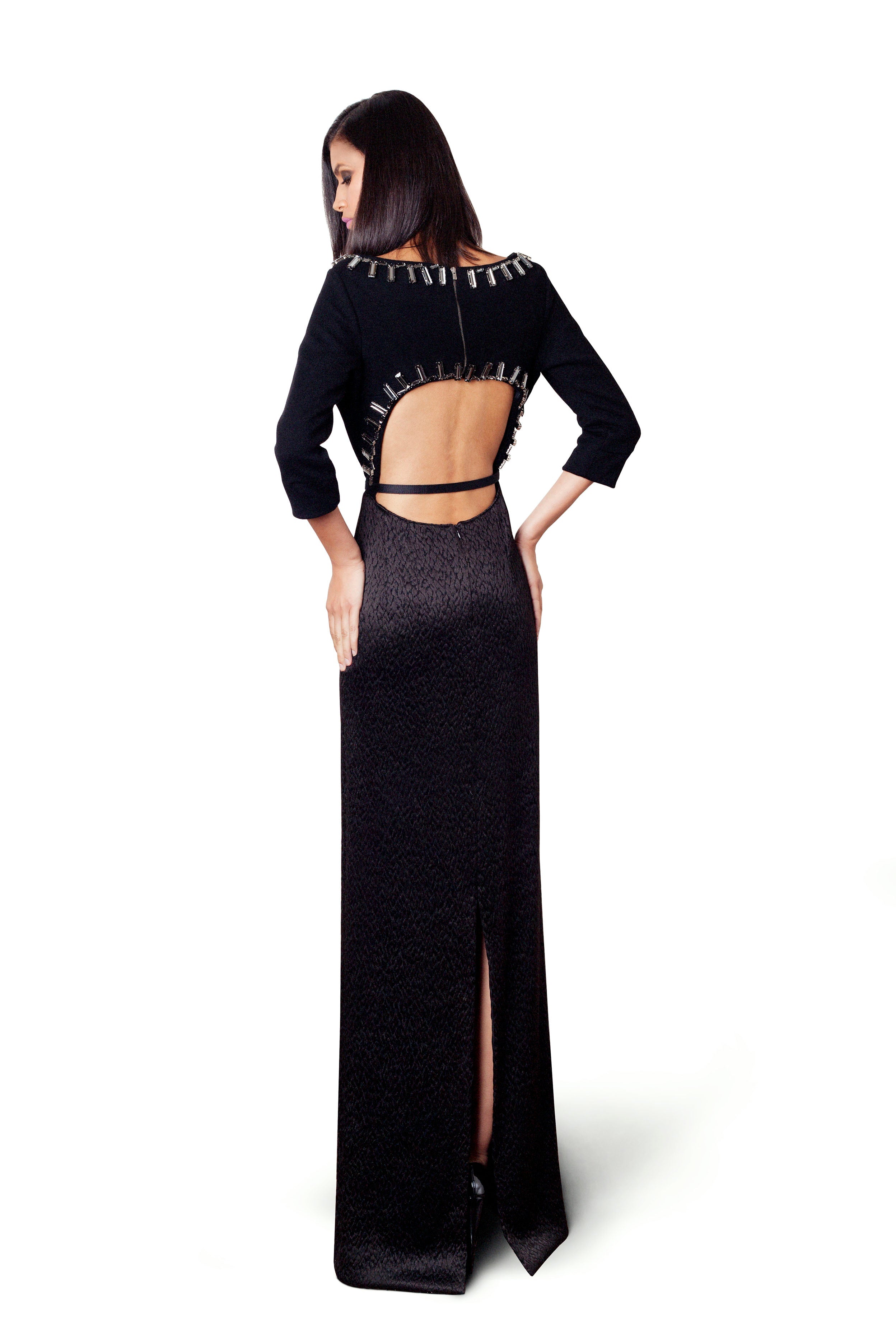Sustainable Fashion | CELESTINO | Couture | Hudson Valley | Hudson New York | Swarovski | Beaded | Wool Knit | Novelty Silk | Key Hole | Column | Gown
