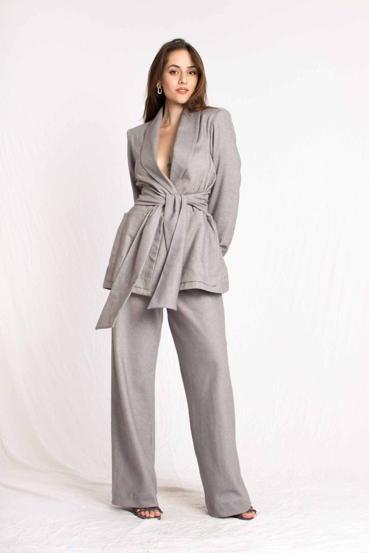 grey cashmere wrap around tie blazer with shoulder pads
