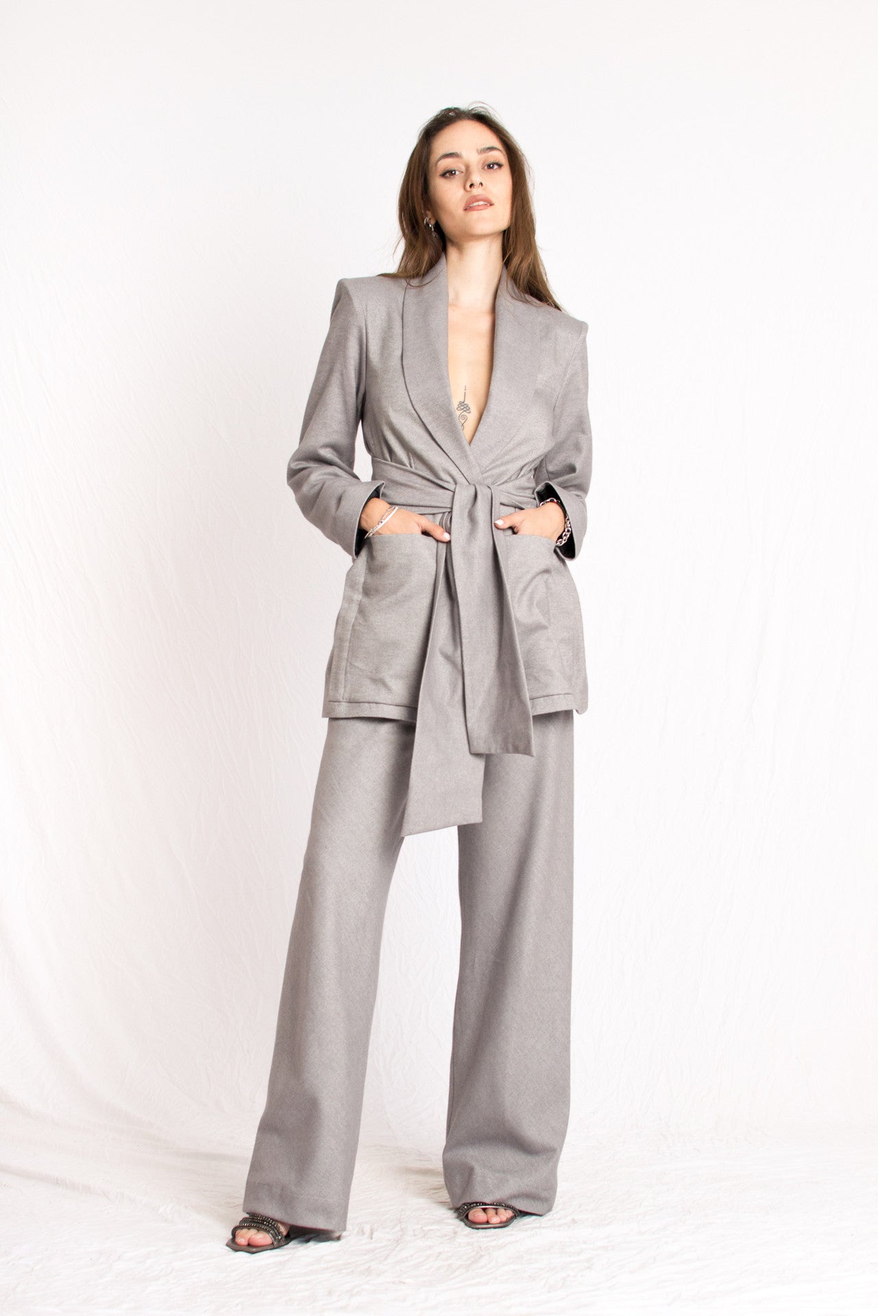 grey cashmere wrap around tie blazer with shoulder pads