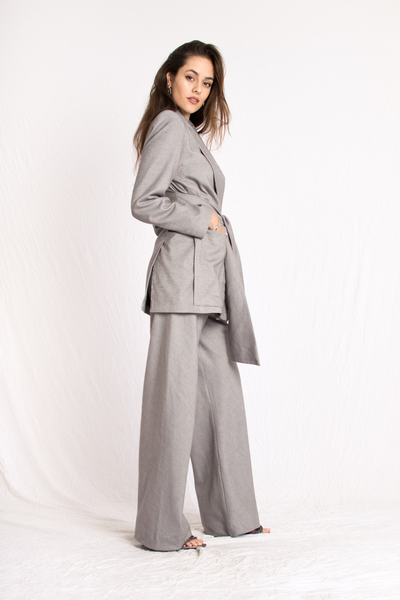 grey cashmere wrap around tie blazer with shoulder pads