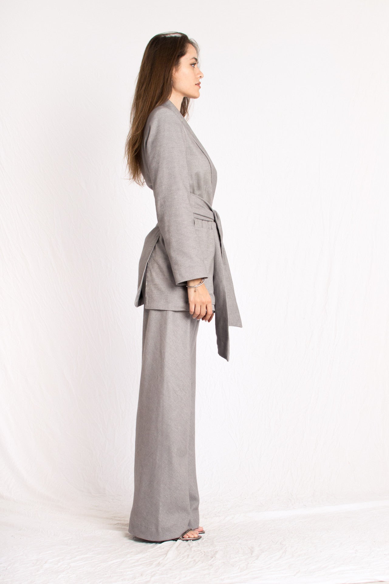 grey cashmere wrap around tie blazer with shoulder pads