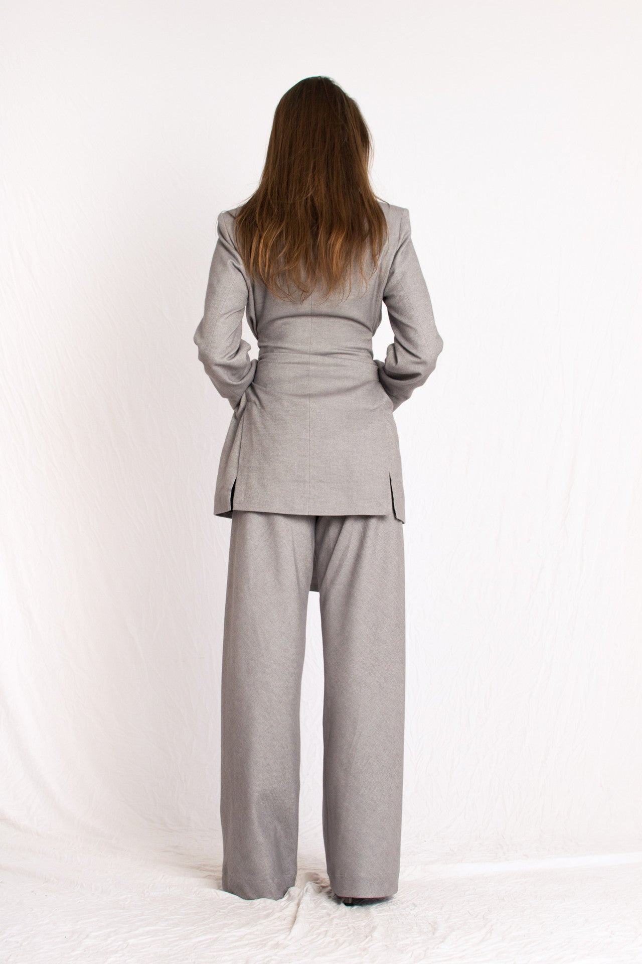 grey cashmere wrap around tie blazer with shoulder pads