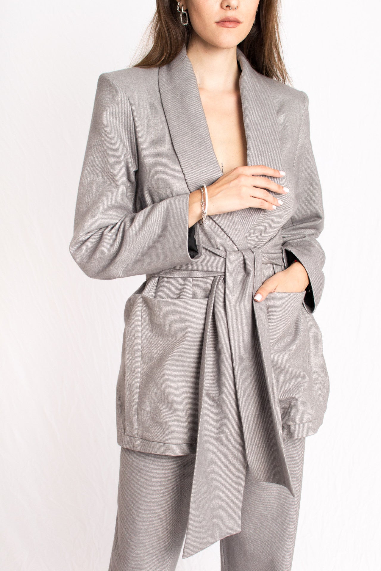grey cashmere wrap around tie blazer with shoulder pads