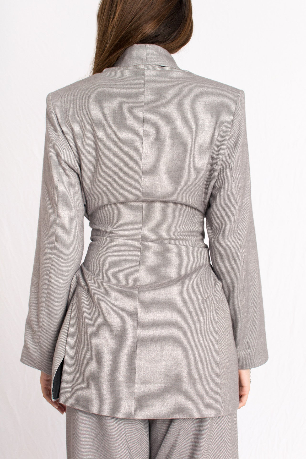 grey cashmere wrap around tie blazer with shoulder pads