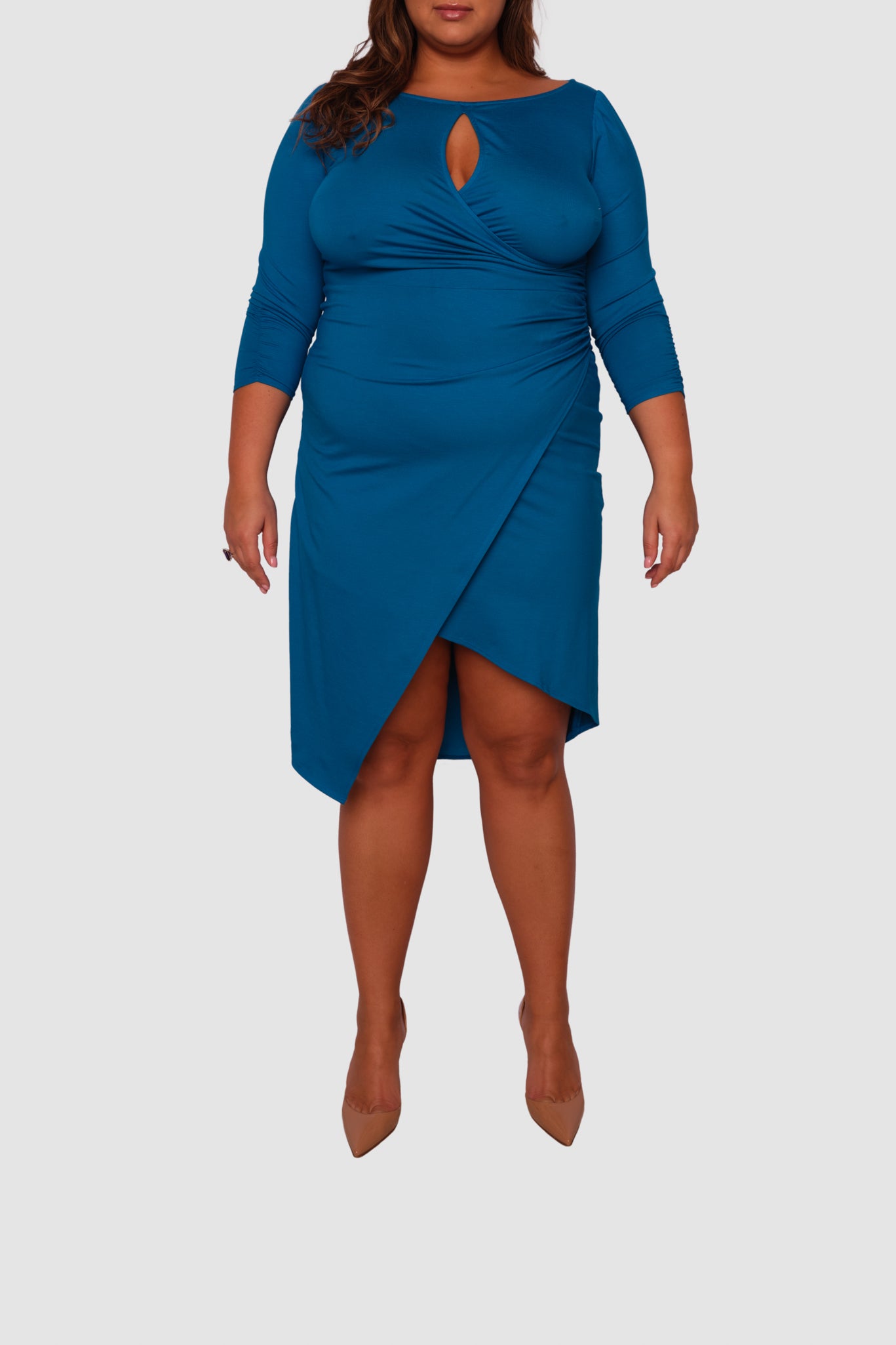 Lina Keyhole Ruched Waist Dress in Blue