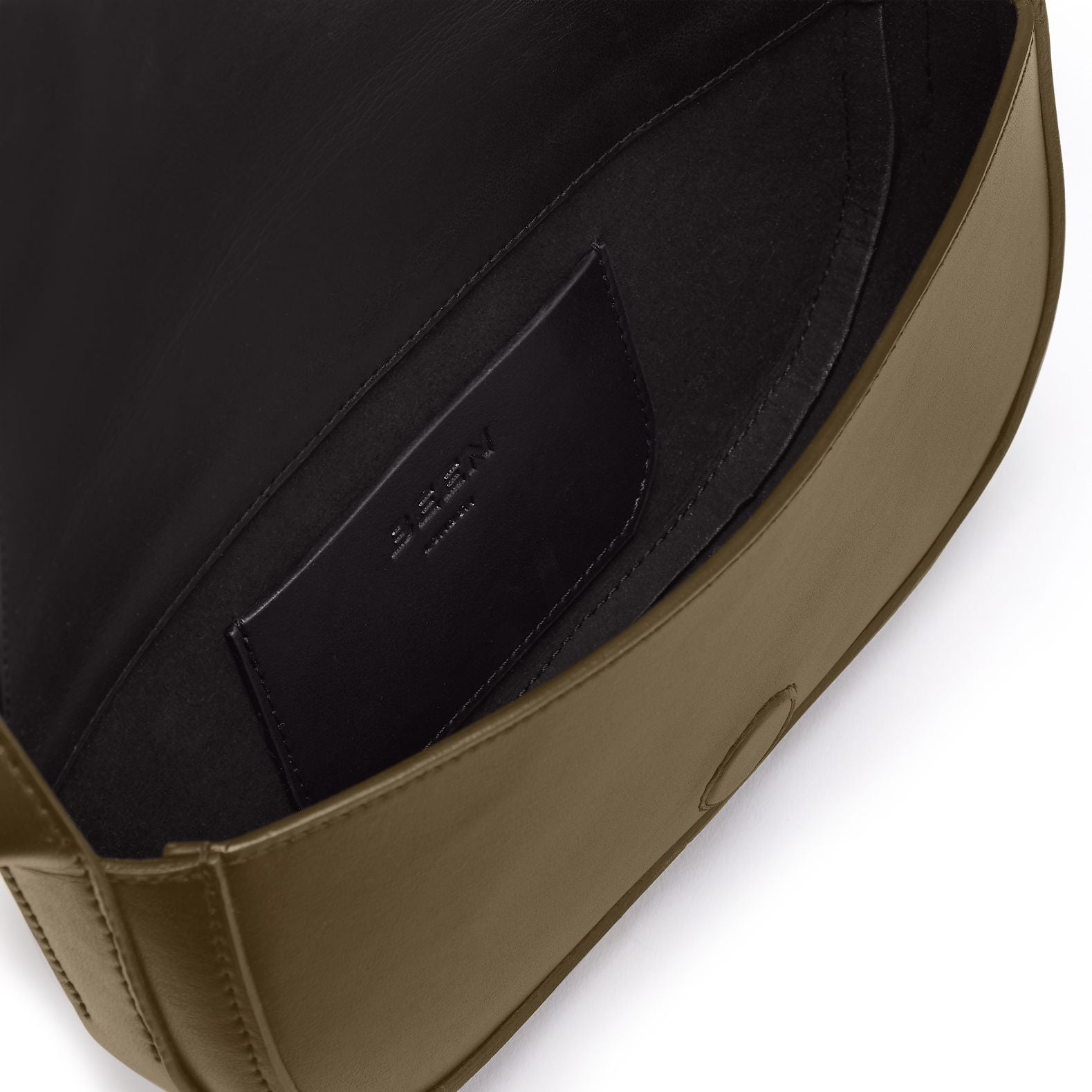 Our Mini Millais bag in recycled leather with inside showing the card pocket and spacious interior