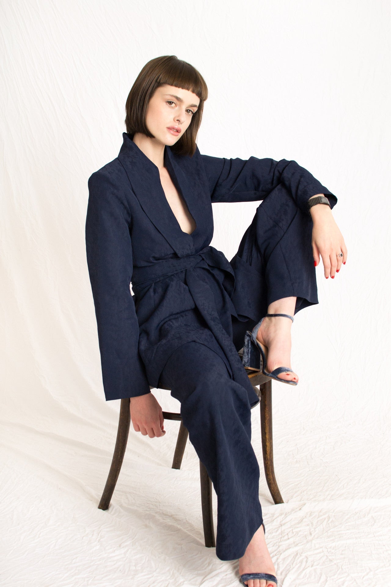 navy blue patterned relaxed fit elastic waist pants