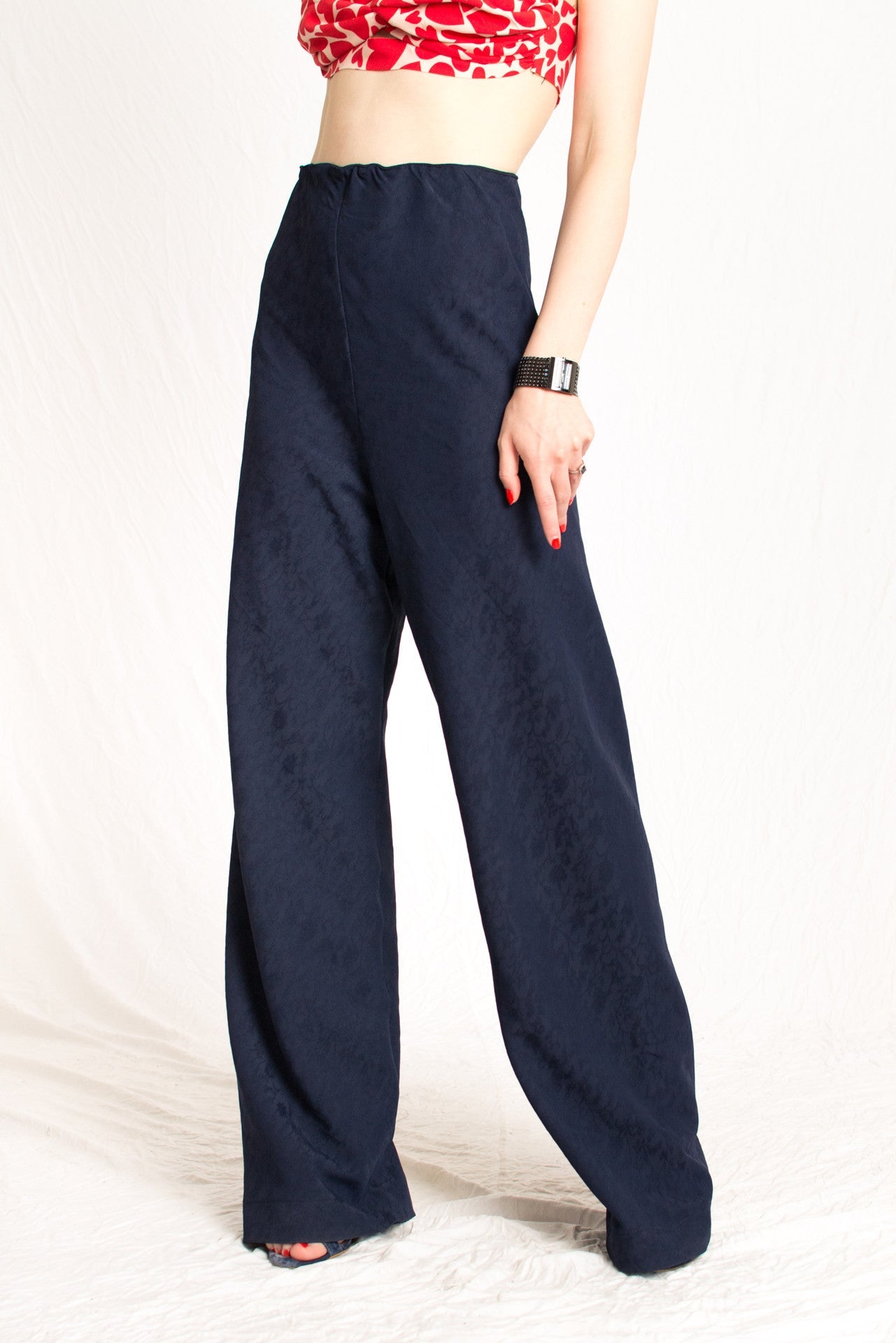 navy blue patterned relaxed fit elastic waist pants