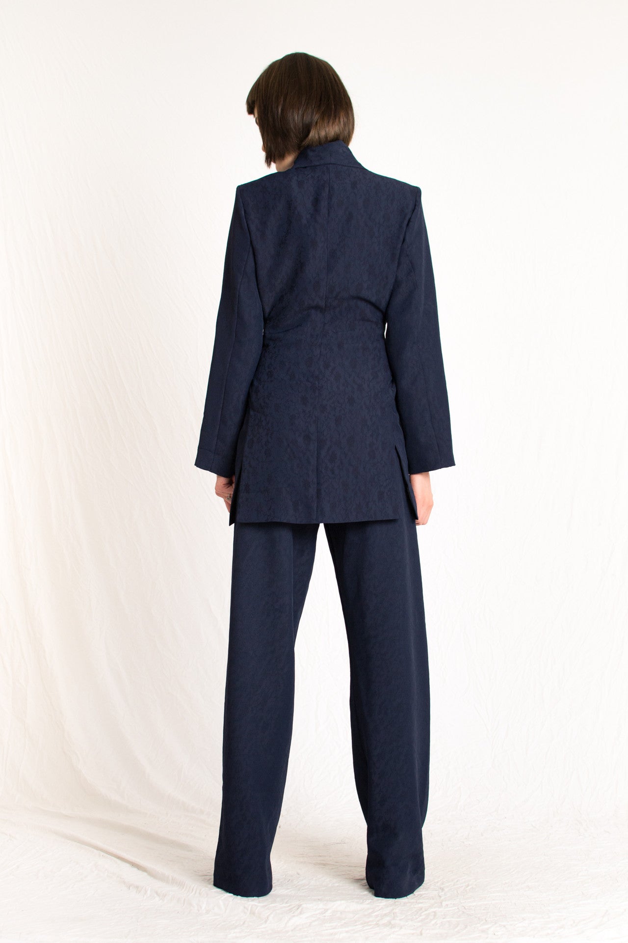 navy blue patterned relaxed fit blazer with wrap around belt