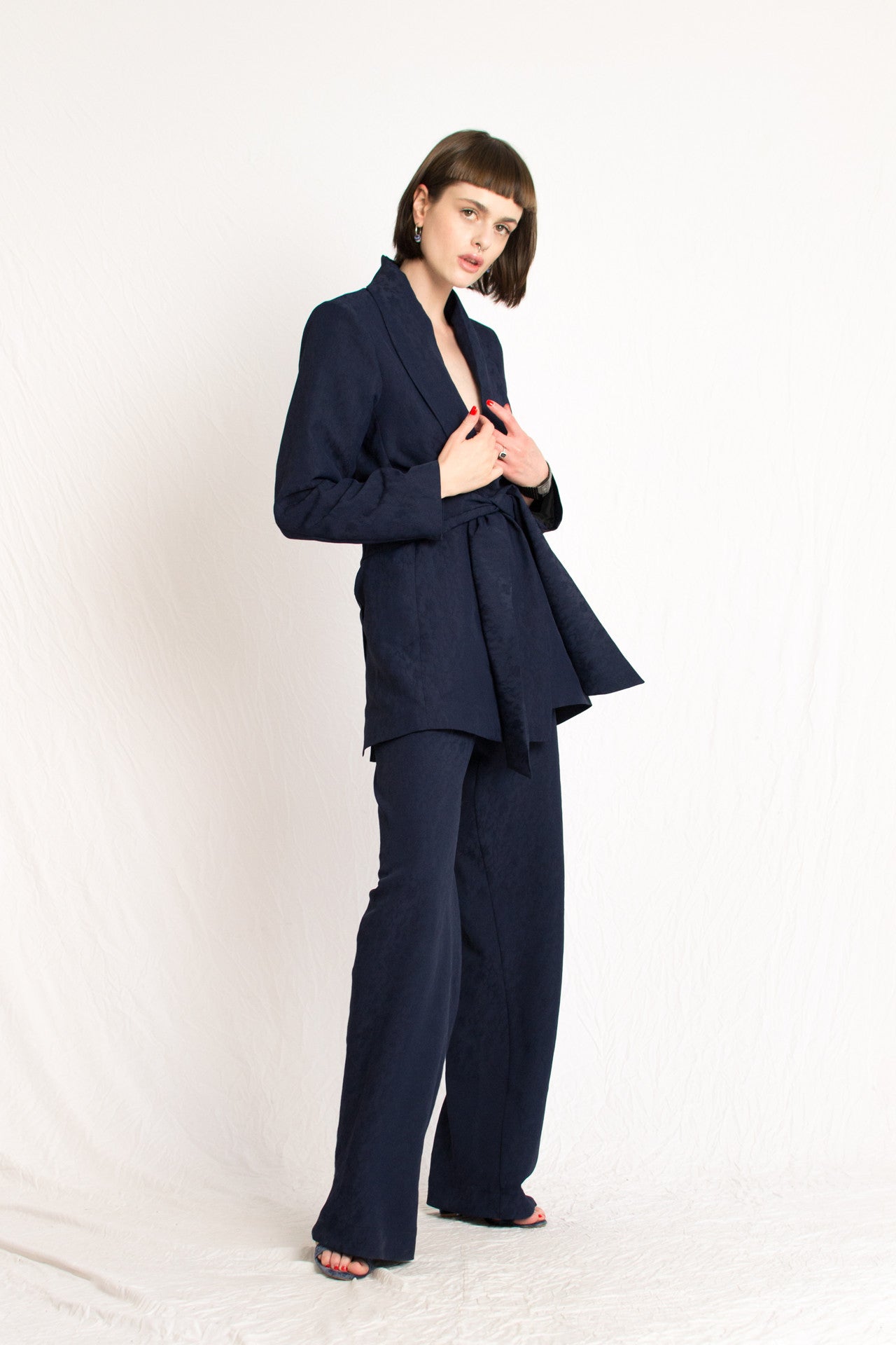 navy blue patterned relaxed fit elastic waist pants