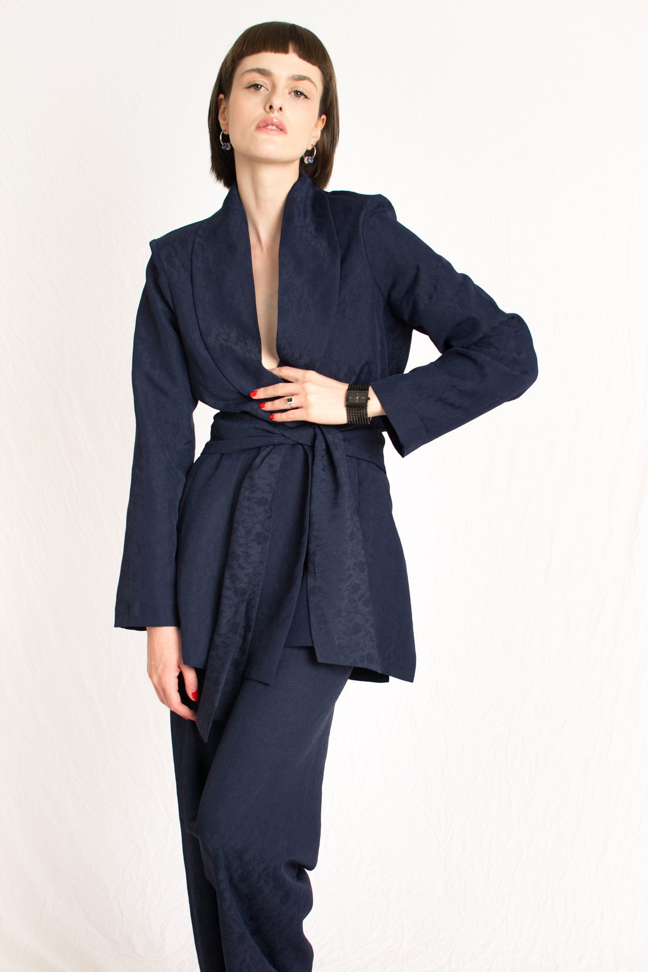 navy blue patterned relaxed fit elastic waist pants