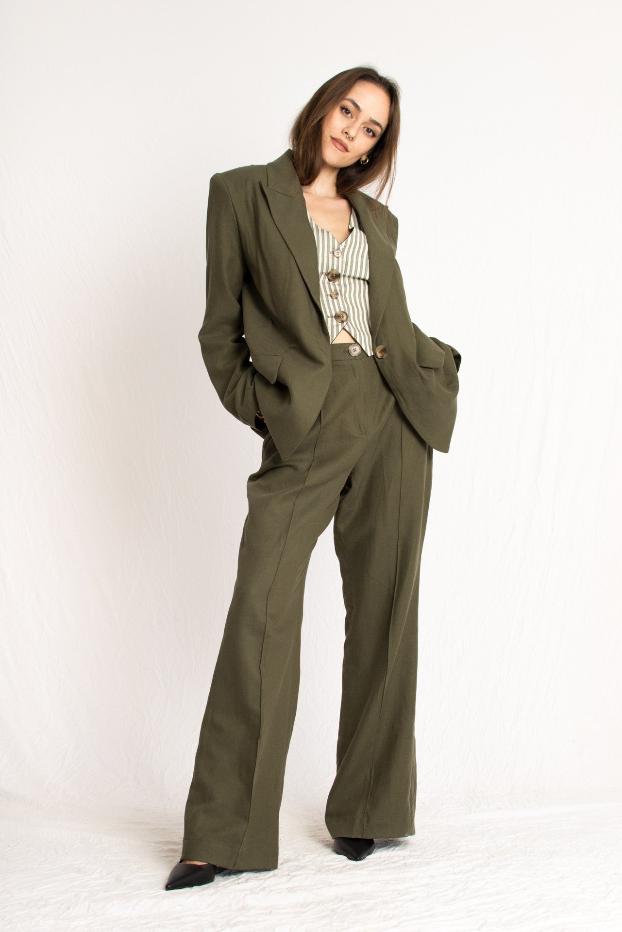 olive green blazer with front button and two pockets