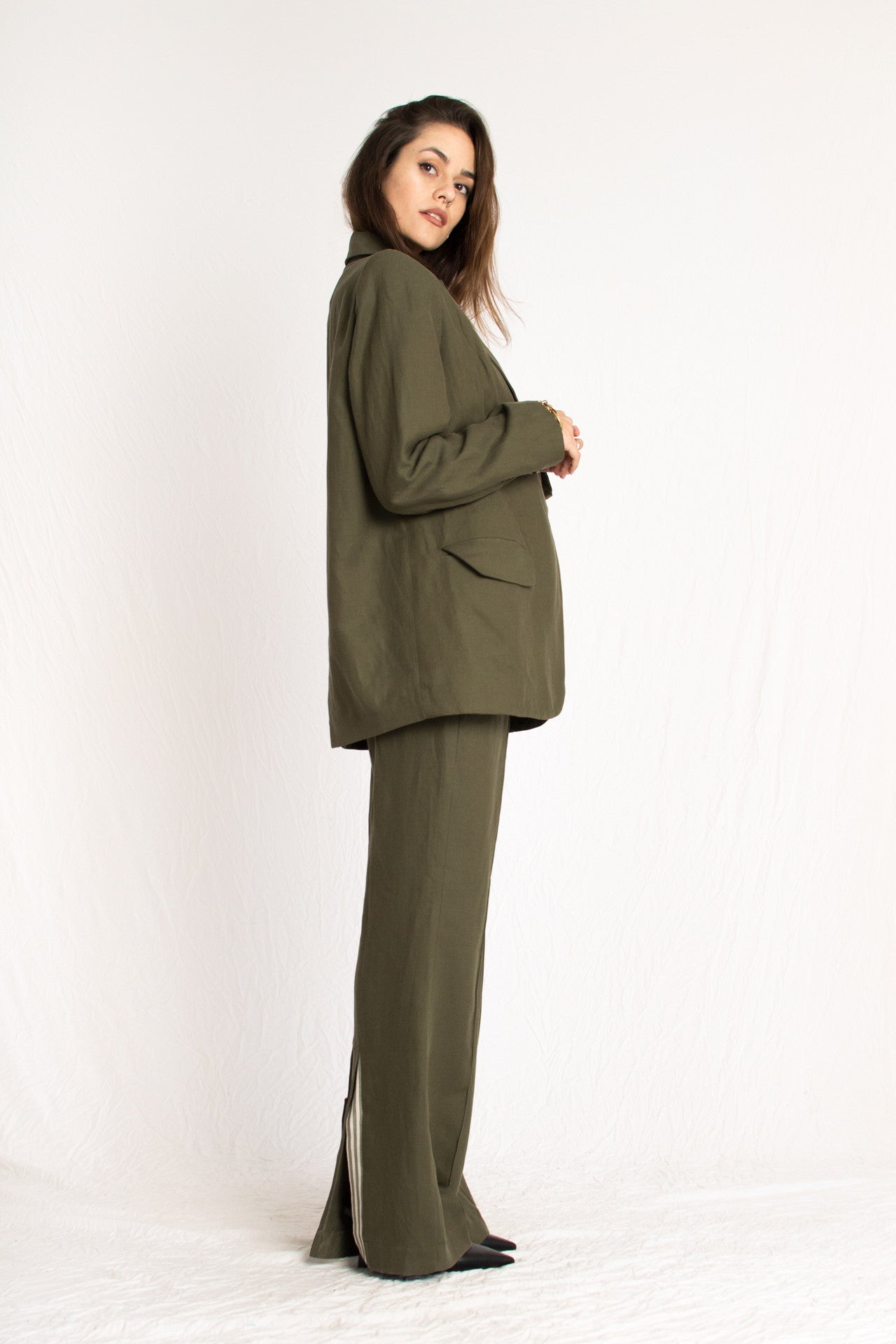 olive green blazer with front button and two pockets
