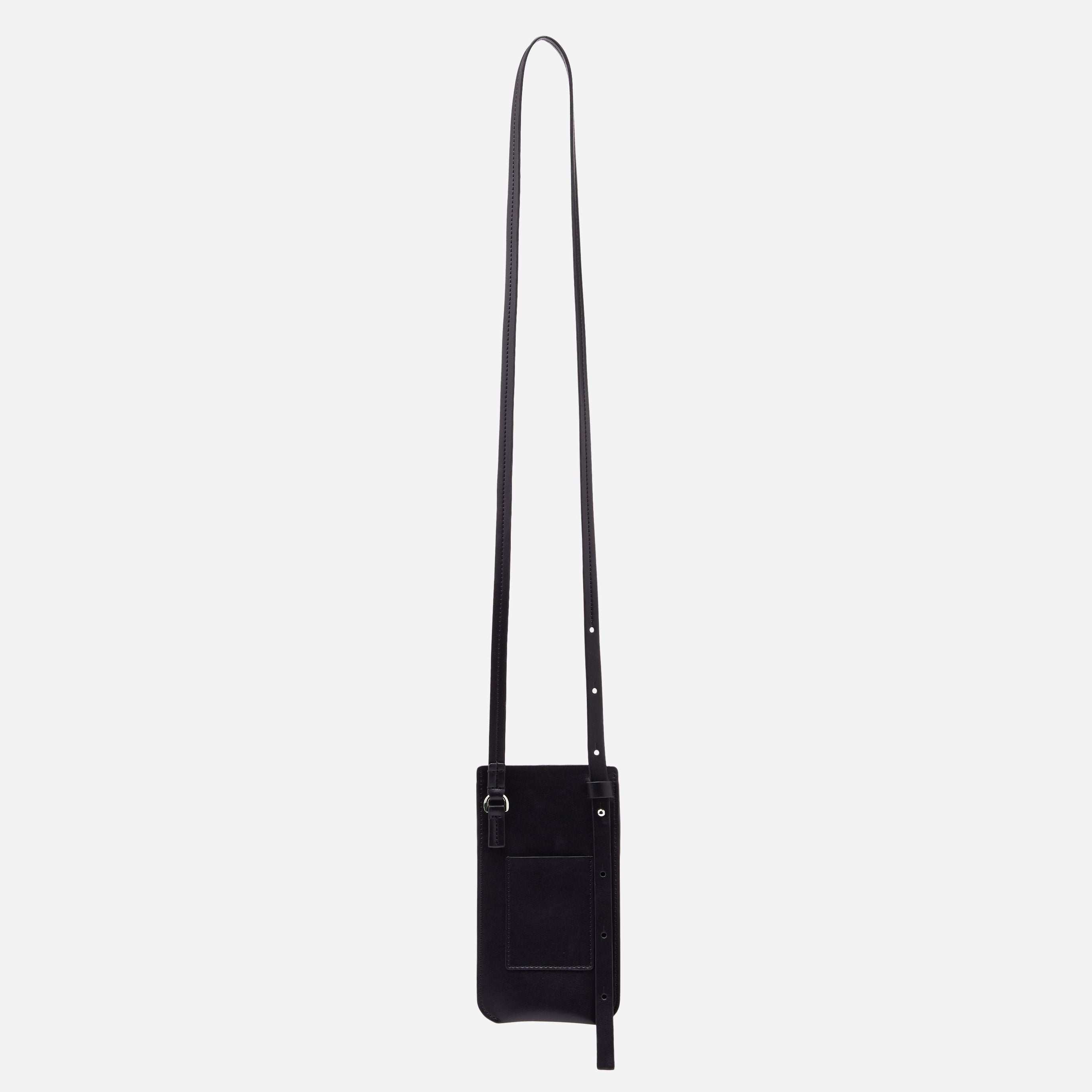 Elia Vegan Phone Bag in Black Onyx longest strap showing back card holder pocket