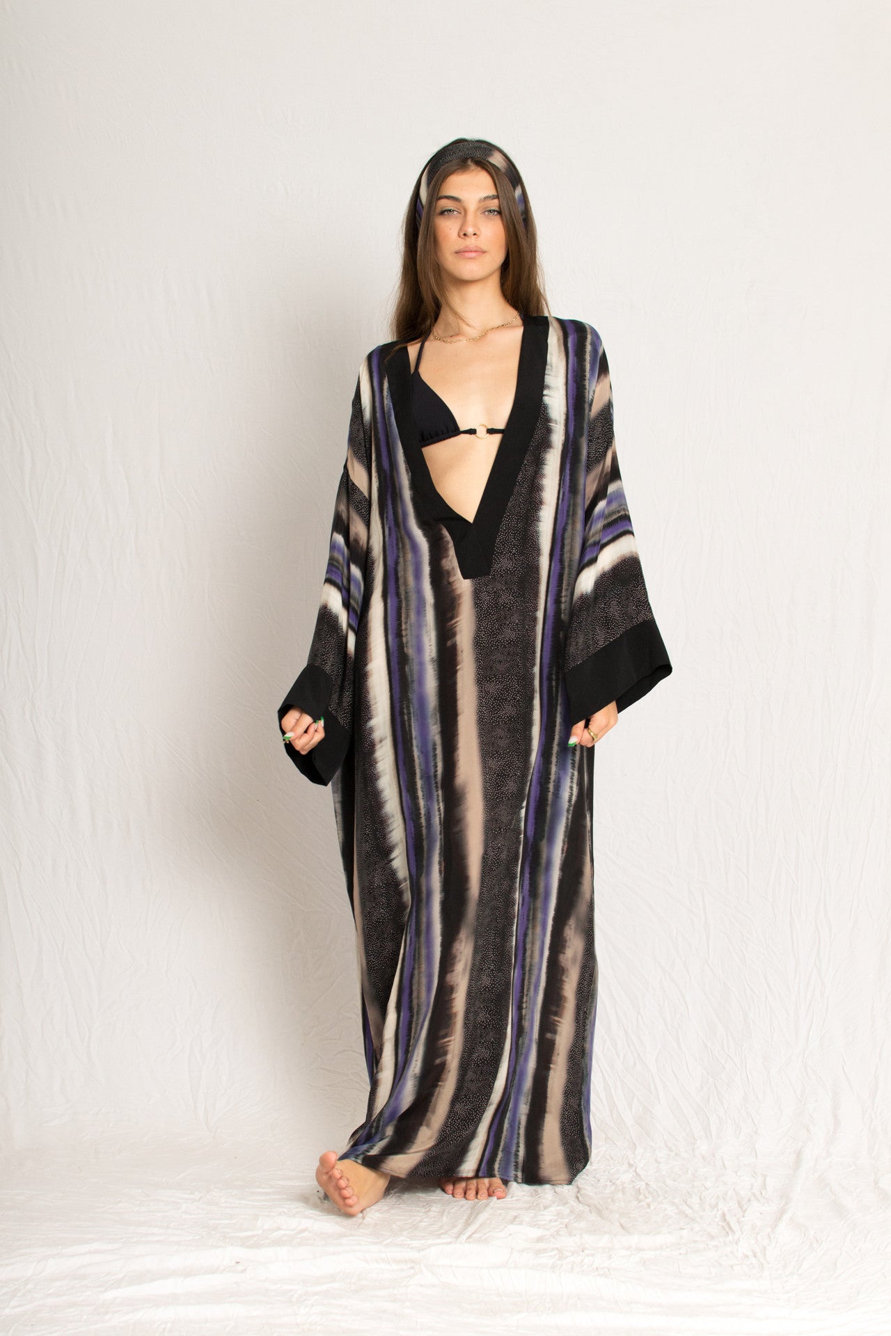 Floor long purple pattern beach caftan dress with deep V-neckline