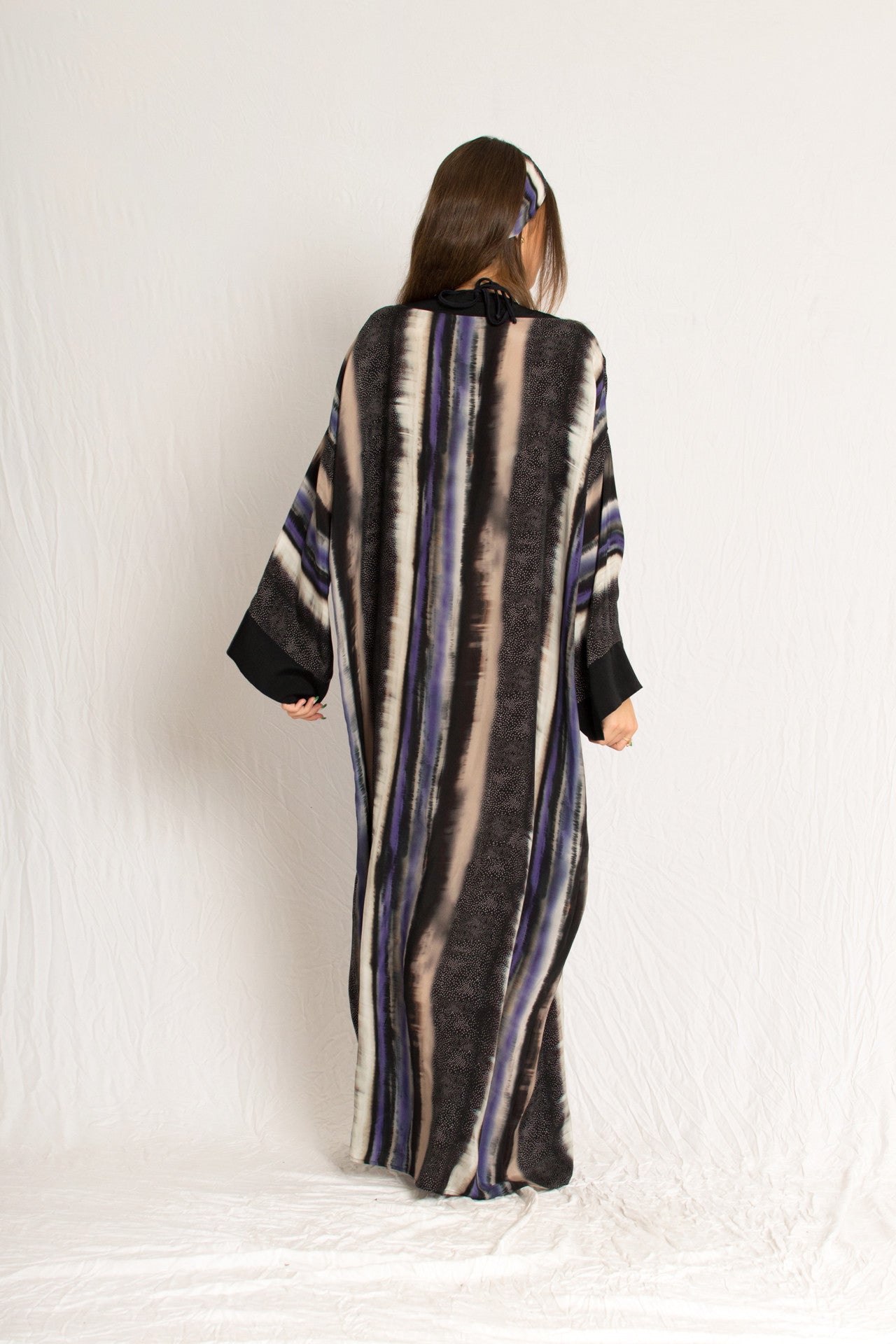Floor long purple pattern beach caftan dress with deep V-neckline