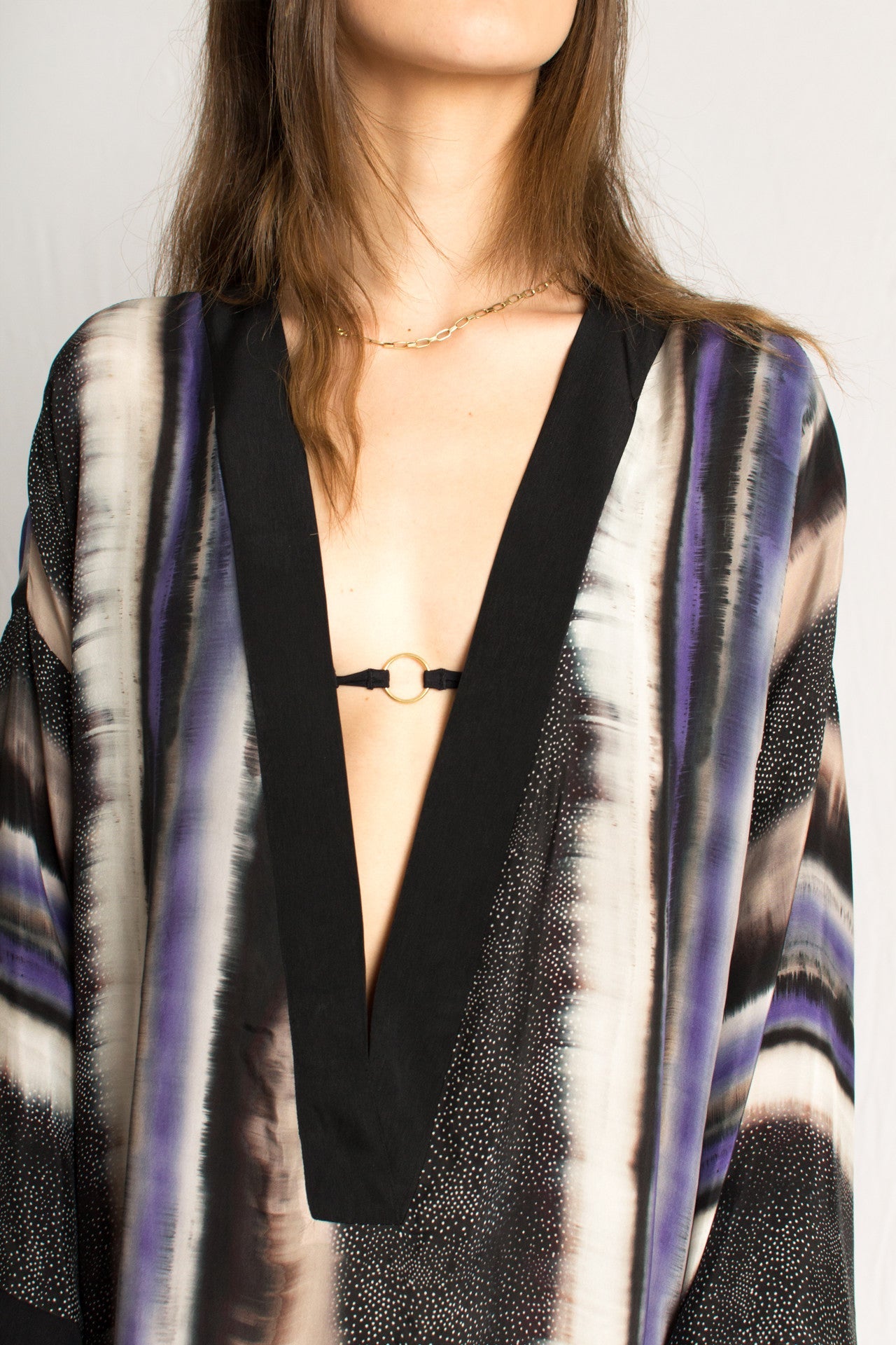 Floor long purple pattern beach caftan dress with deep V-neckline