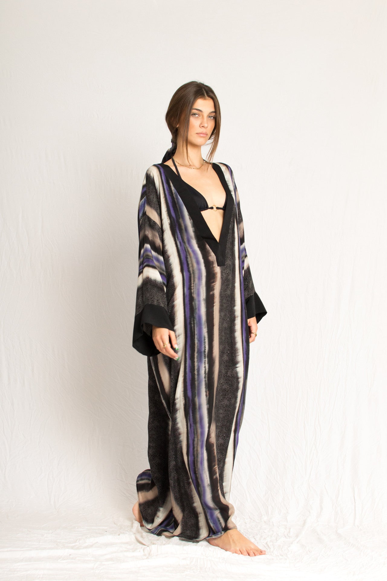 Floor long purple pattern beach caftan dress with deep V-neckline