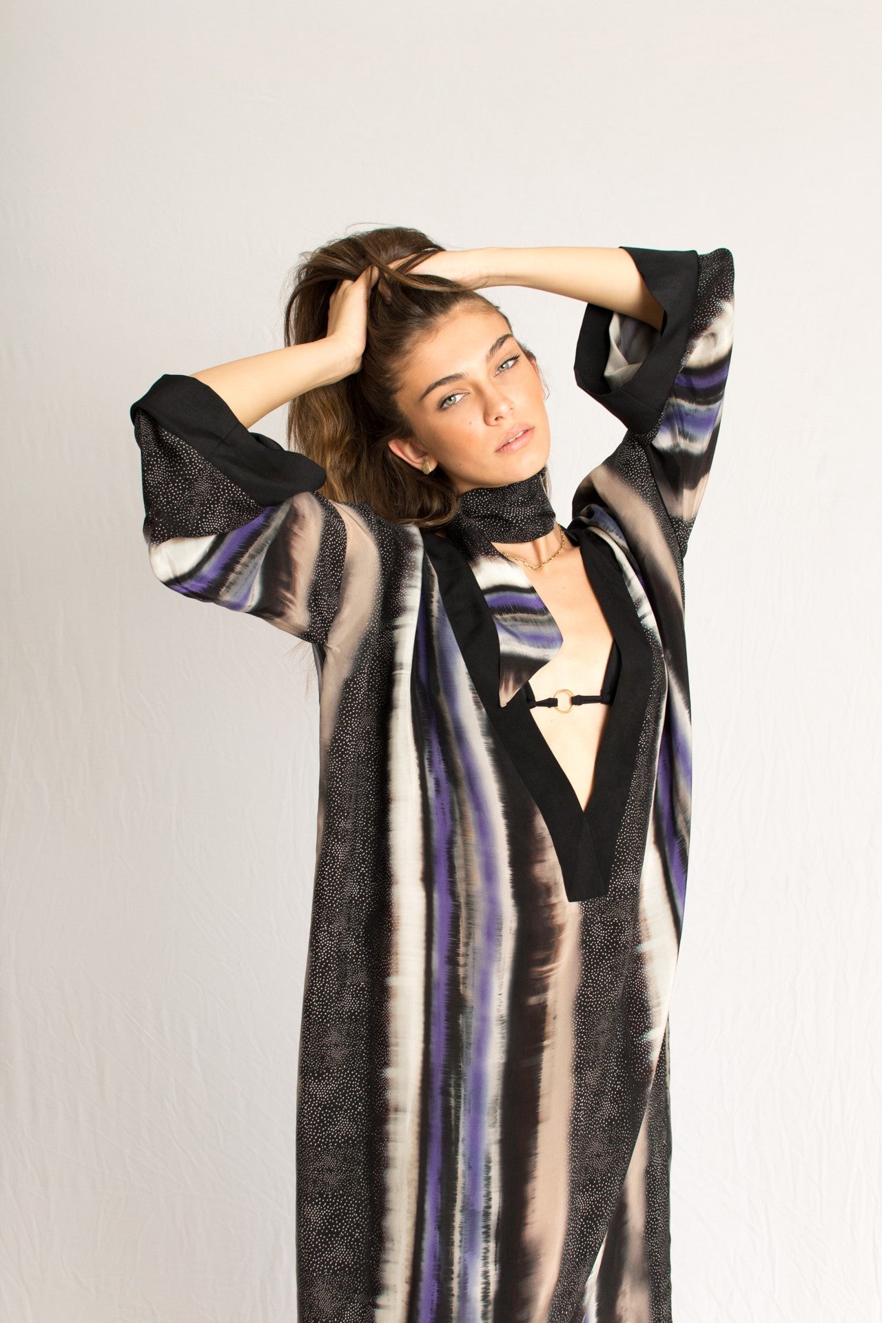Floor long purple pattern beach caftan dress with deep V-neckline