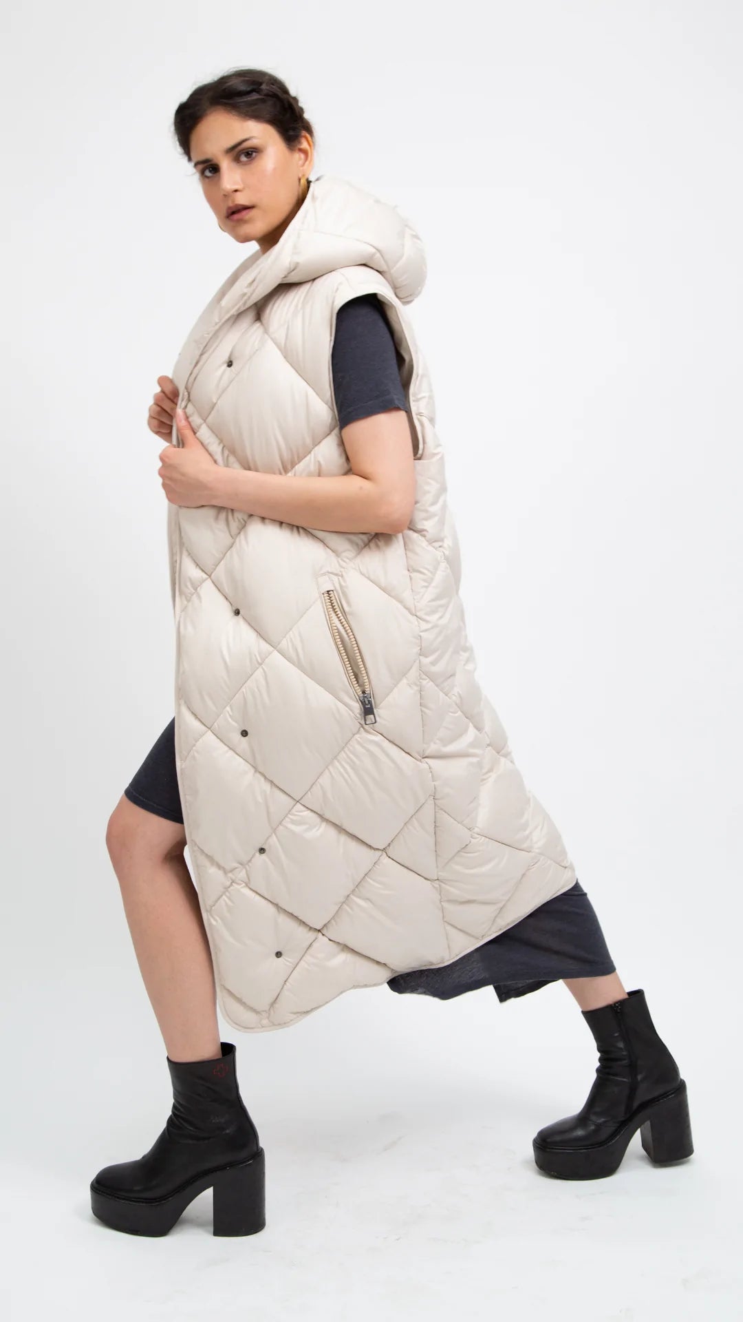 PENZANCE beige long sleeveless puffer jacket - culthread
