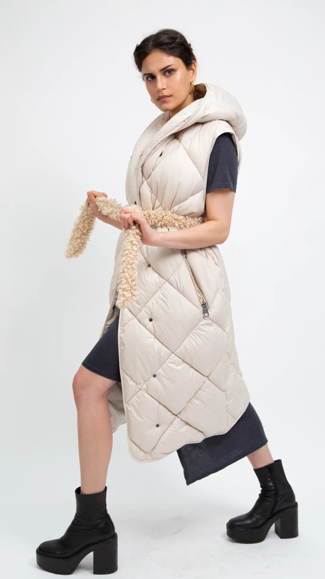 PENZANCE beige long sleeveless puffer jacket - culthread