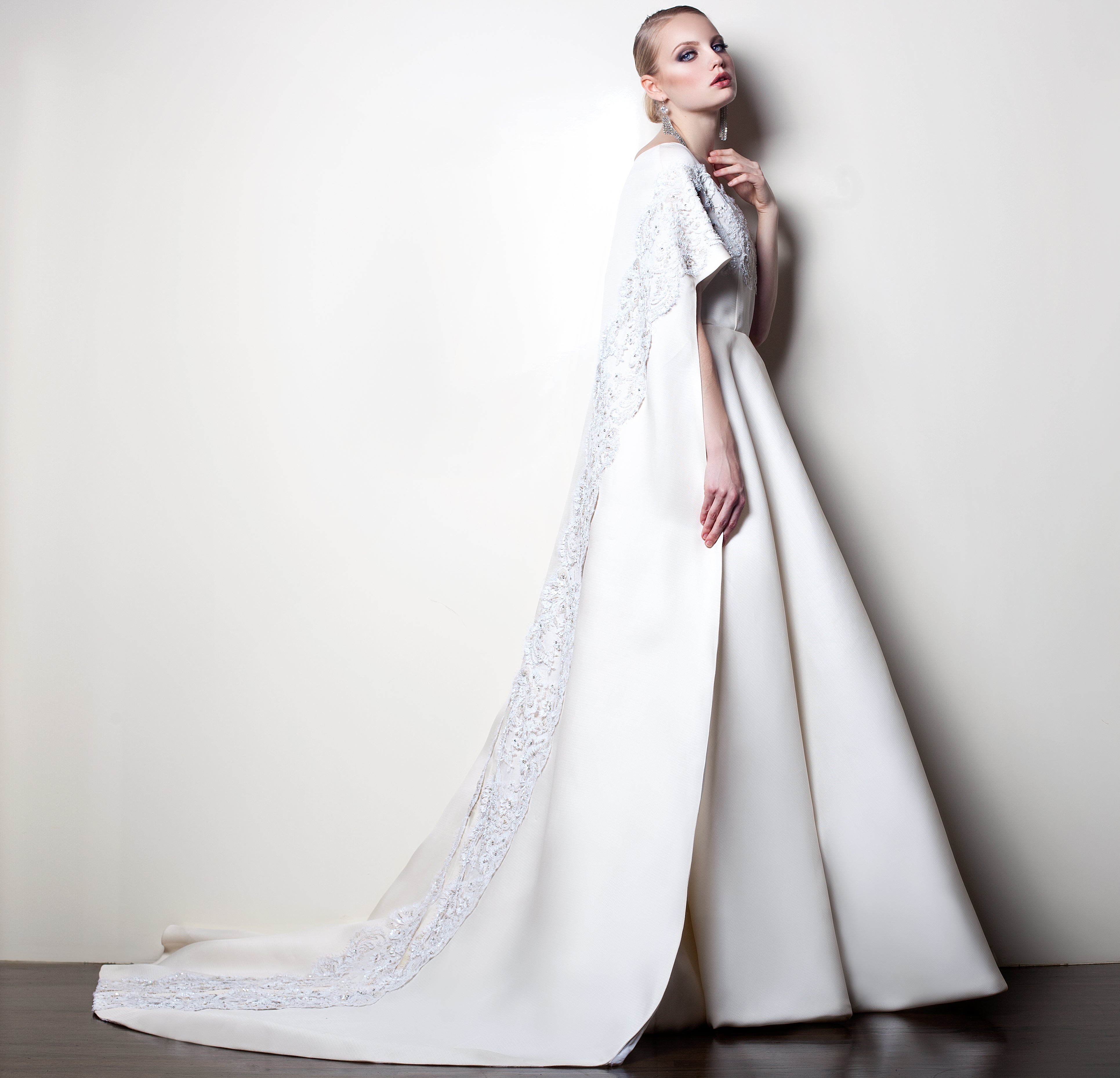 Sustainable Fashion | CELESTINO | Couture | Hudson Valley | Hudson New York | ﻿﻿White | Basket Woven Organza | Cape | Bridal Gown | Beaded | French Chantilly Lace | Train