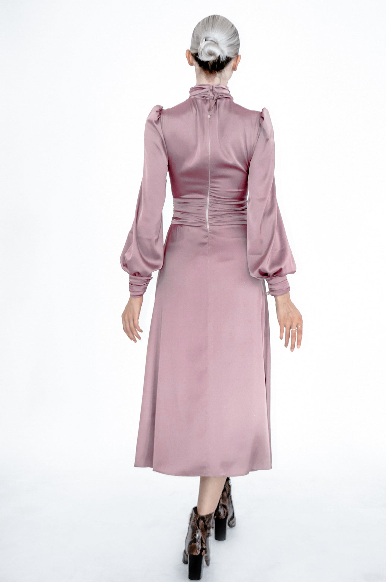 Turtleneck midi dress with bishop sleeves and ruched details