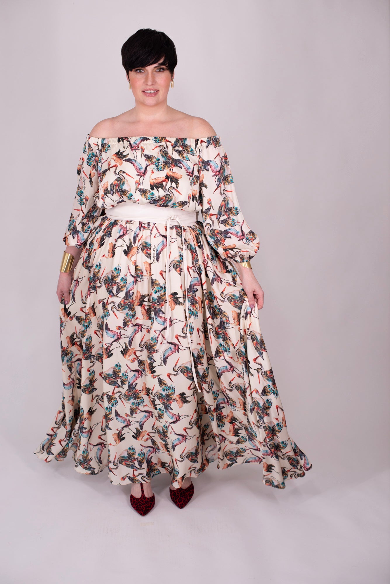Mayes NYC Crane Maxi Dress in Cream-based color worn by model Max