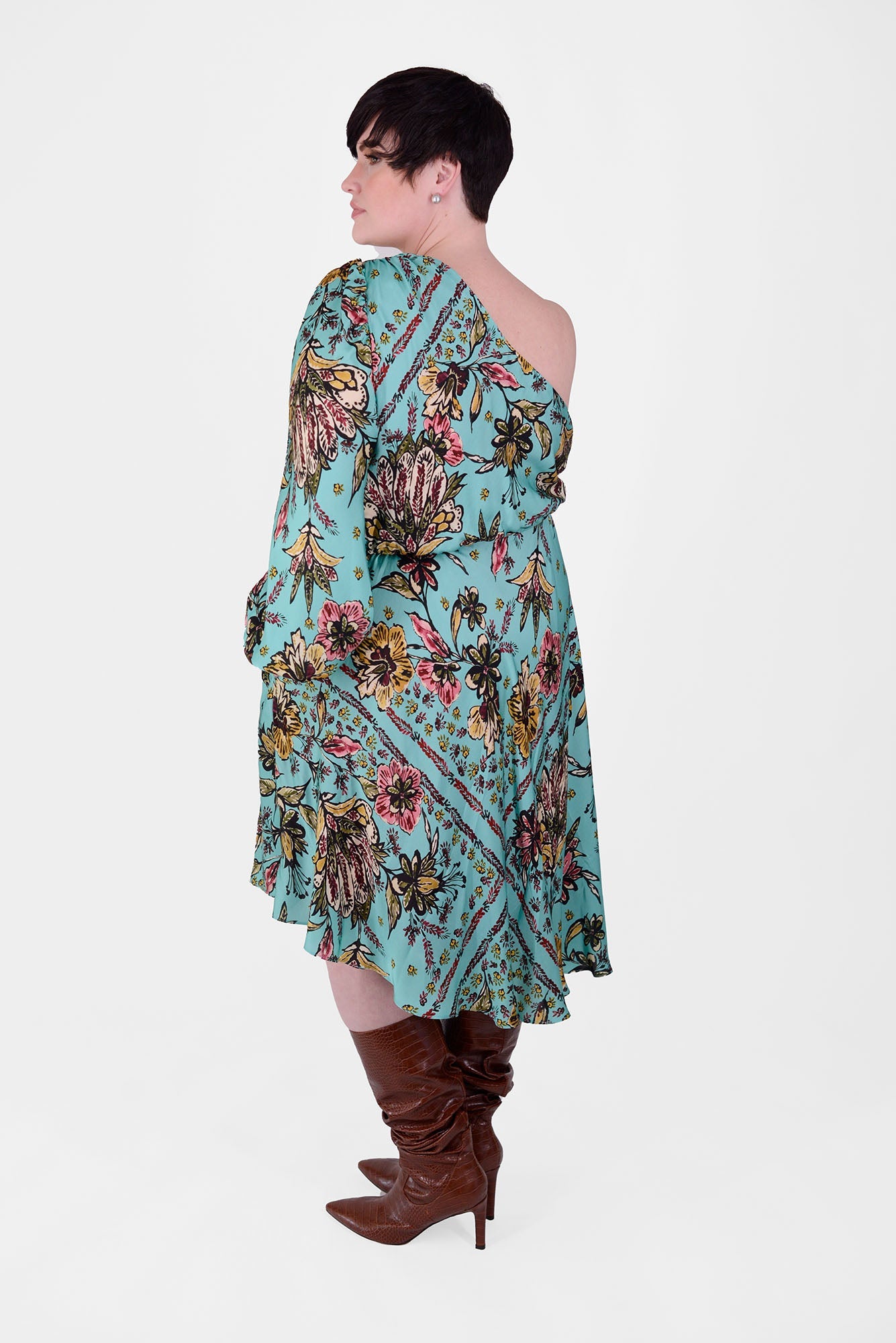 Mayes NYC Olivia One Shoulder Dress Aqua ground color Scarf Print worn by model Max
