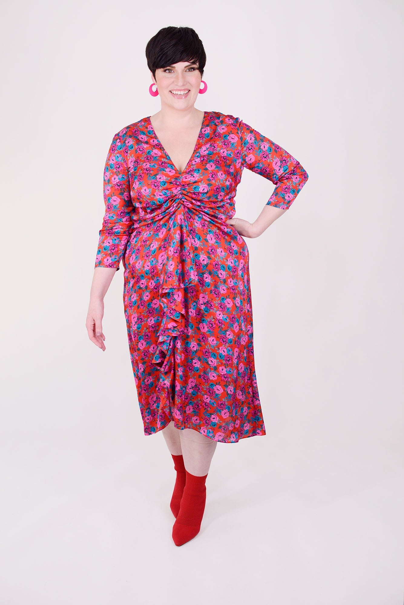 Mayes NYC Winnie RNR Dress in Red colored Mini Rose Print worn by model Max
