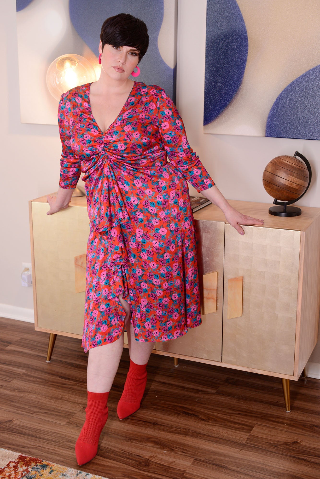 Mayes NYC Winnie RNR Dress in Red colored Mini Rose Print  worn by model Max