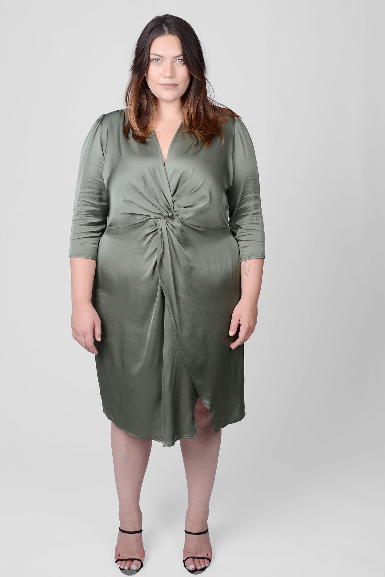 Mayes NYC Elvie Knot Waist Cut Away Dress in Olice color worn by model Megan Smith