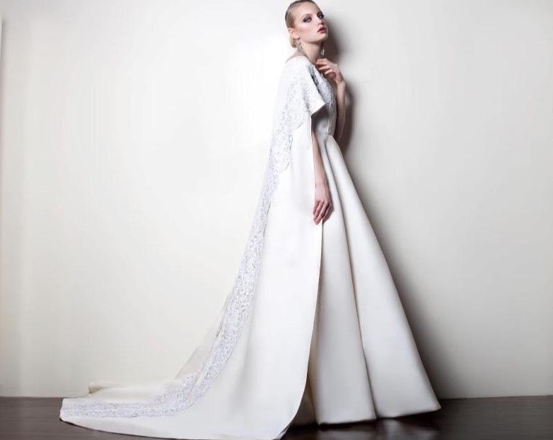 Sustainable Fashion | CELESTINO | Couture | Hudson Valley | Hudson New York | ﻿﻿White | Basket Woven Organza | Cape | Bridal Gown | Beaded | French Chantilly Lace | Train