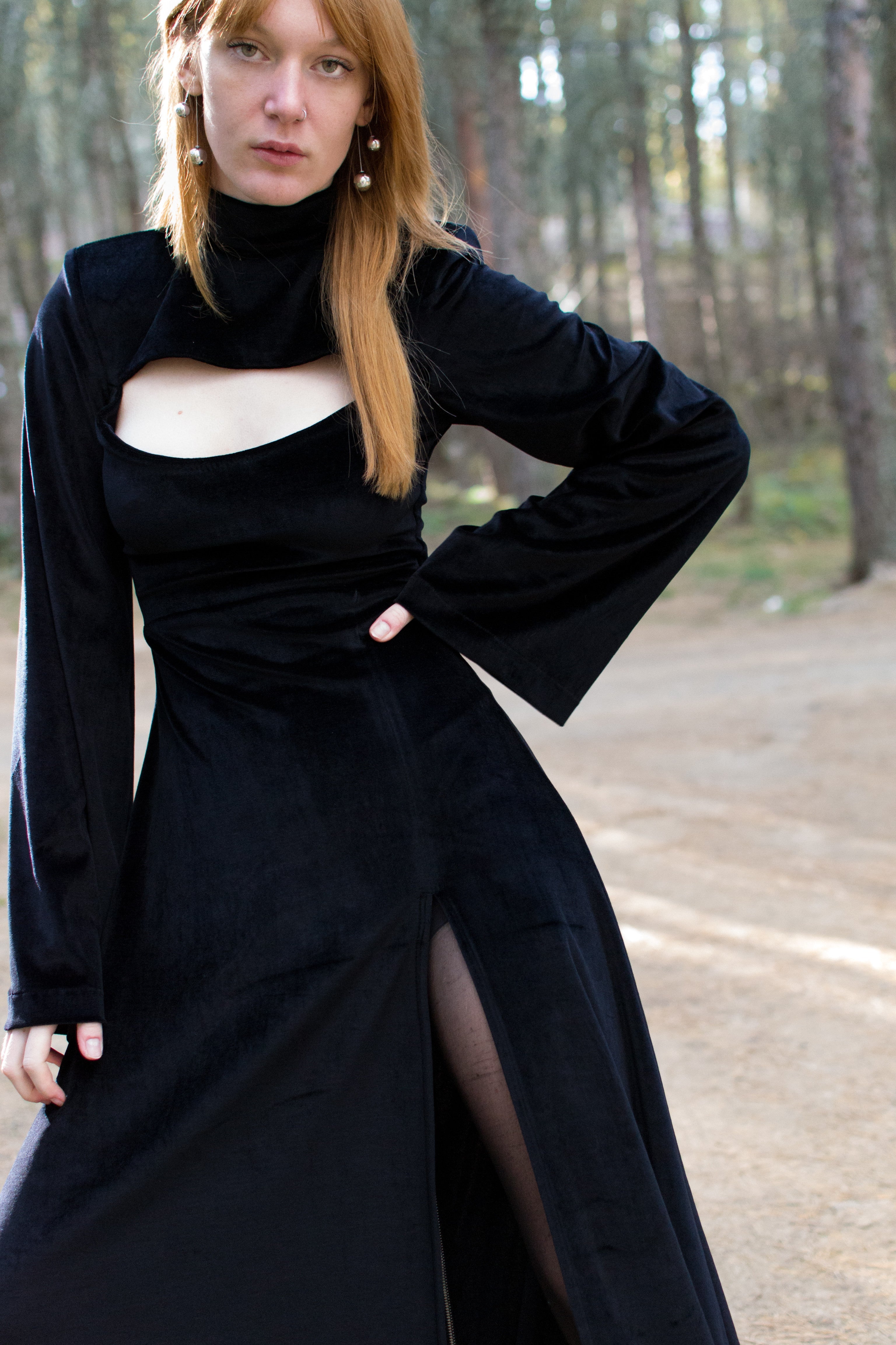Black midi cut out neckline velvet dress