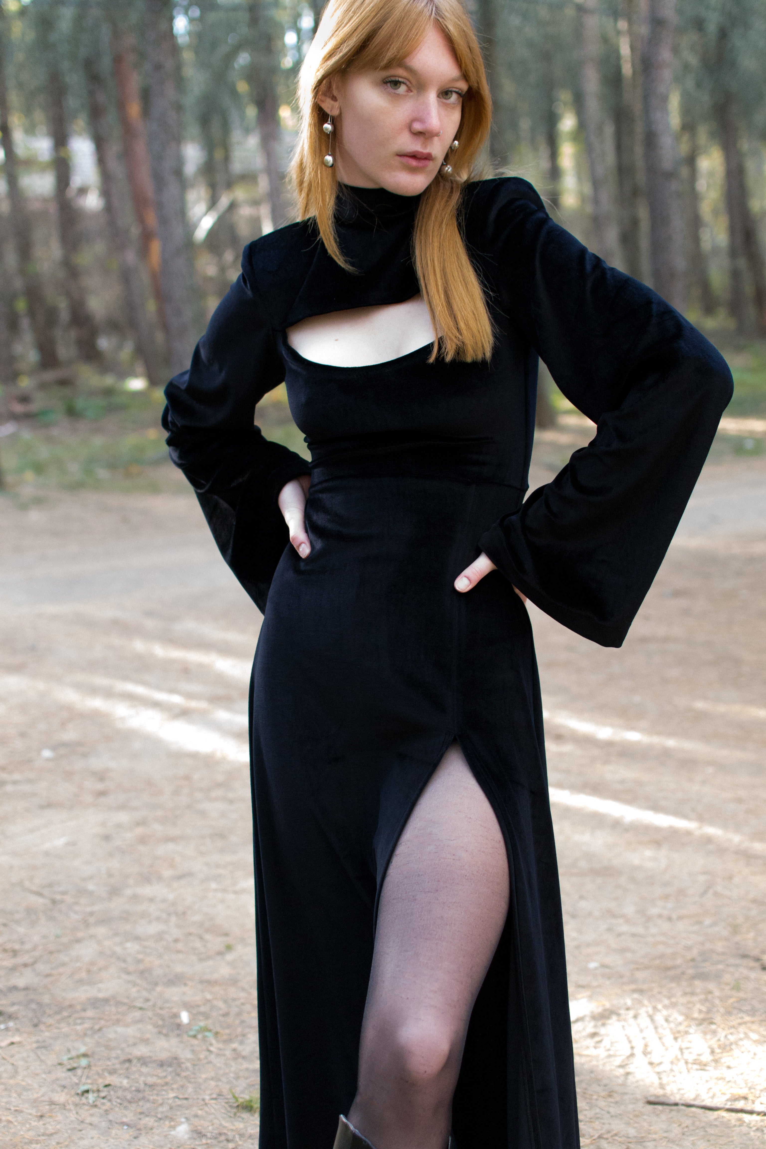 Black midi cut out neckline velvet dress