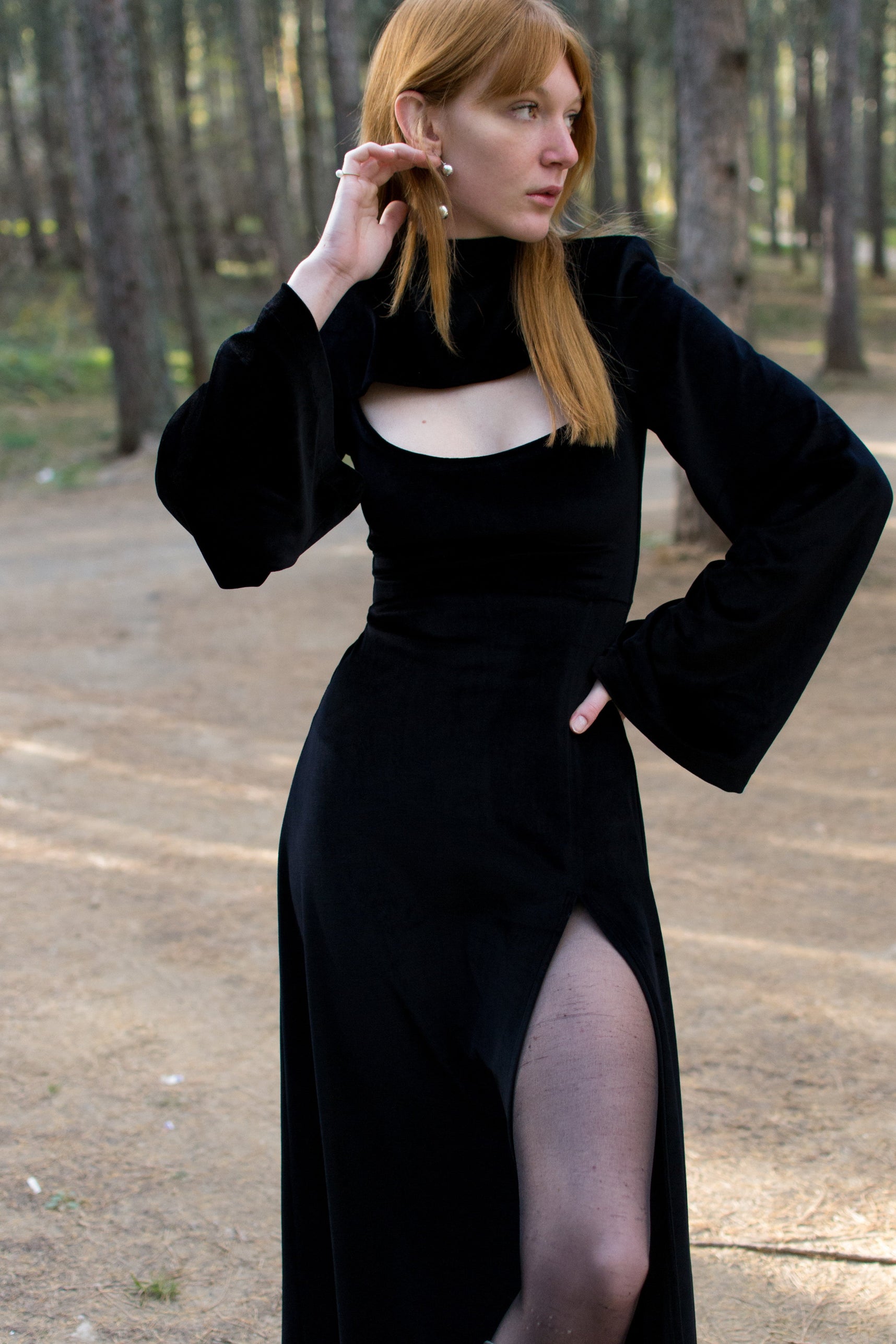 Black midi cut out neckline velvet dress
