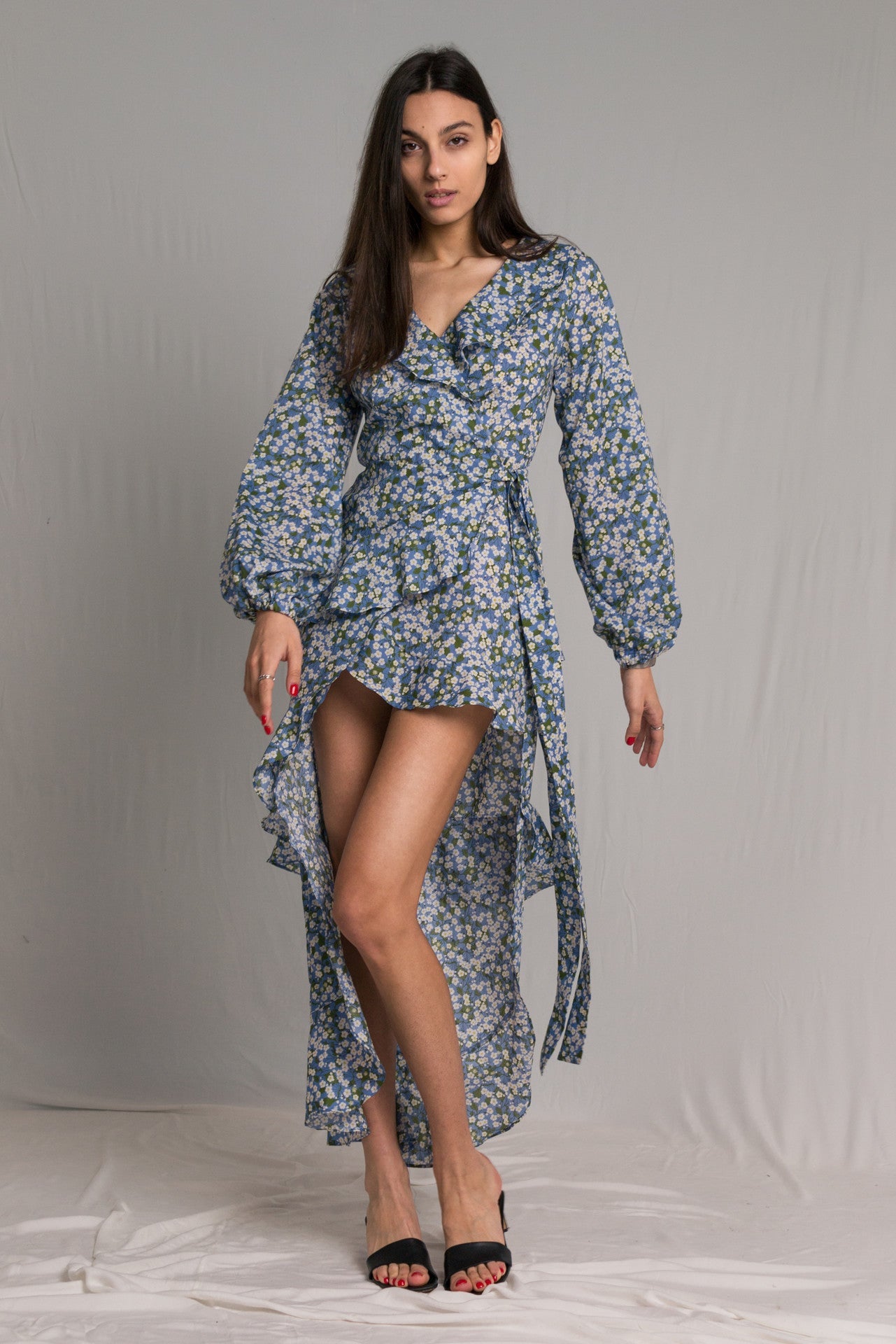 Floral dress with peasant sleeves a V-neckline asymmetric skirt with a wrap-around silhouette