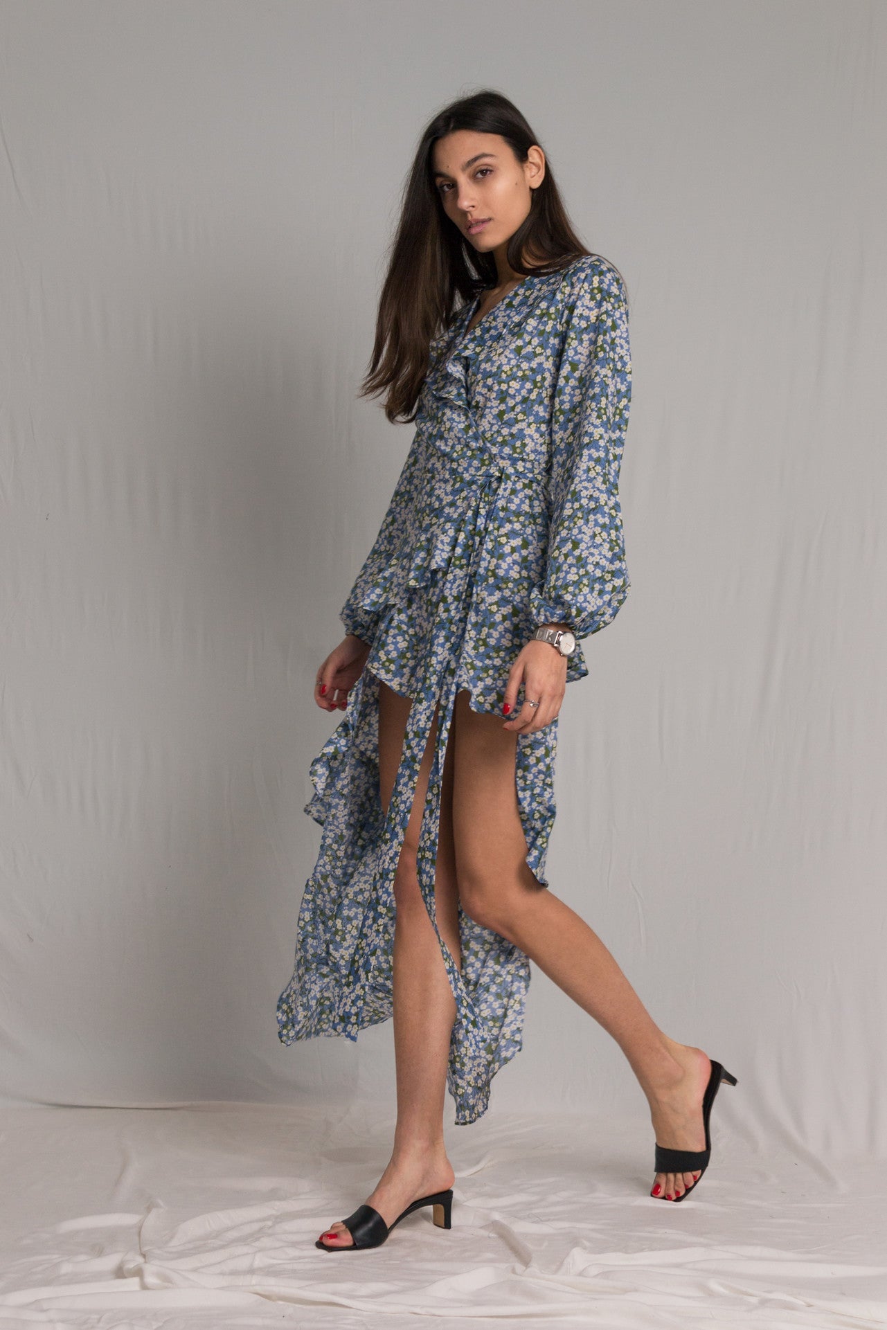 Floral dress with peasant sleeves a V-neckline asymmetric skirt with a wrap-around silhouette